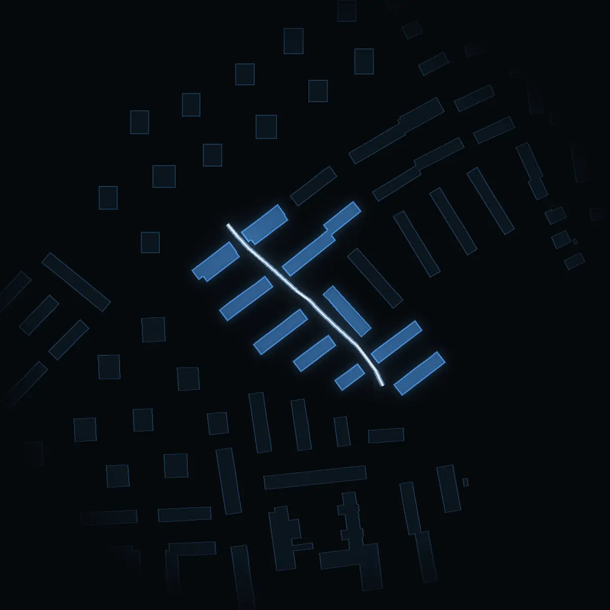 The street at night: Arvodesvägen drawn in white, its buildings lit in the colour of their area’s income