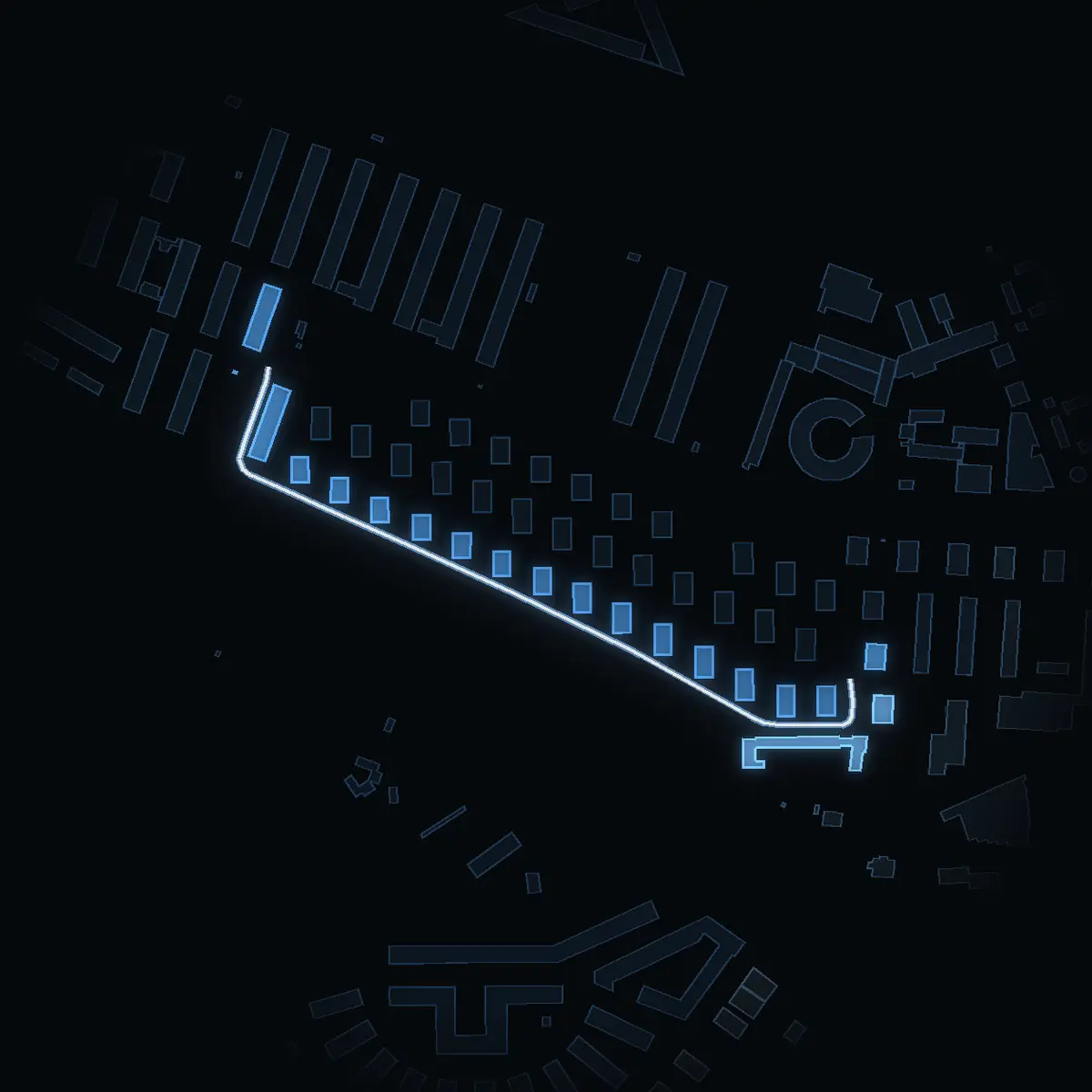 The street at night: Atterbomsvägen drawn in white, its buildings lit in the colour of their area’s income