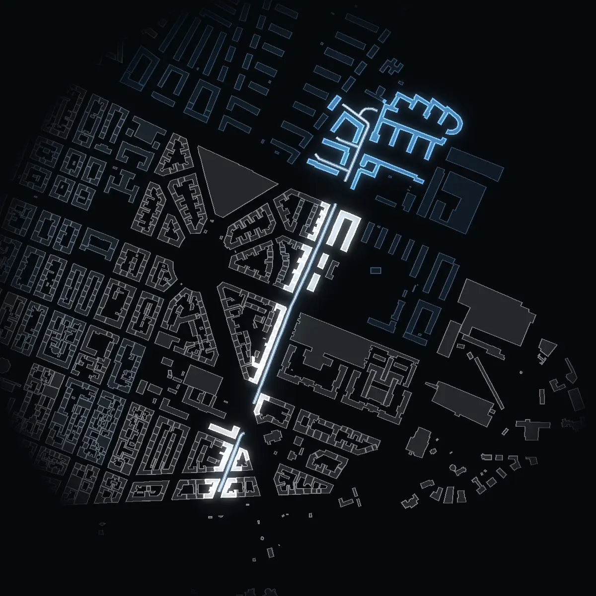 Banérgatan at night, its buildings drawn from the city's 3D model
