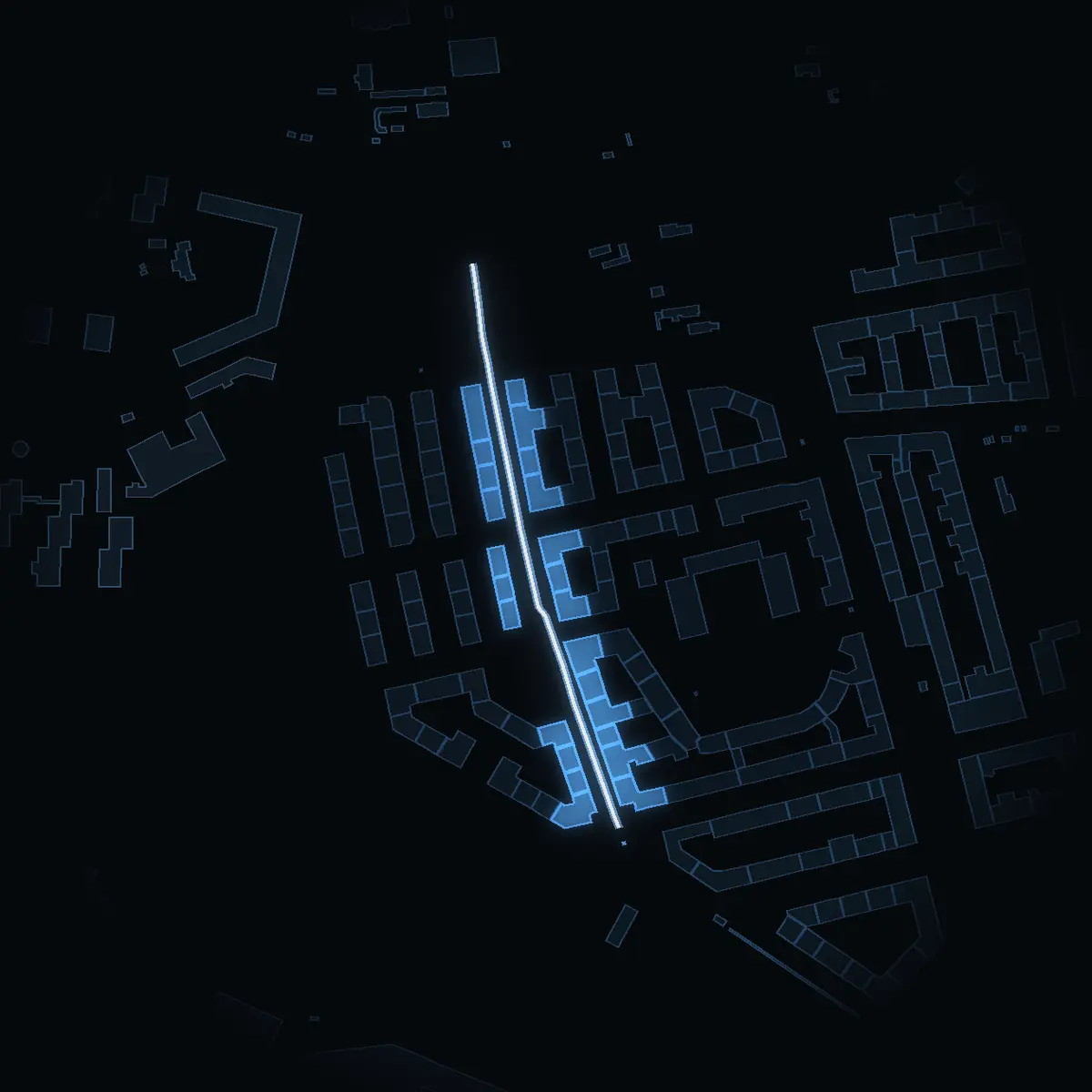 The street at night: Bergsundsgatan drawn in white, its buildings lit in the colour of their area’s income