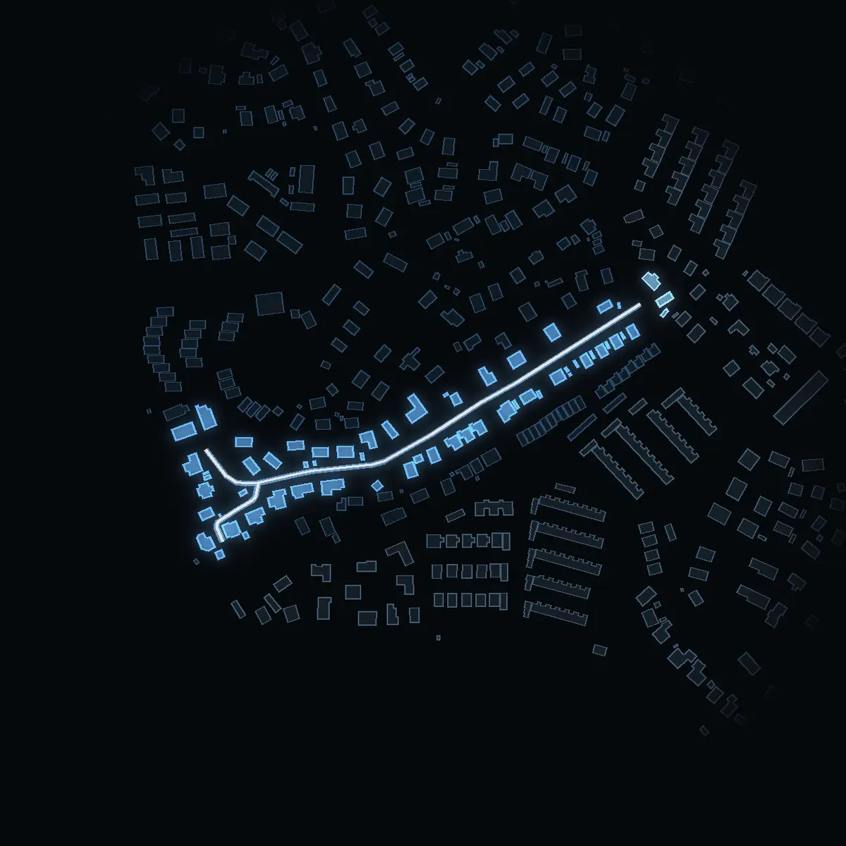 The street at night: Berguddsvägen drawn in white, its buildings lit in the colour of their area’s income