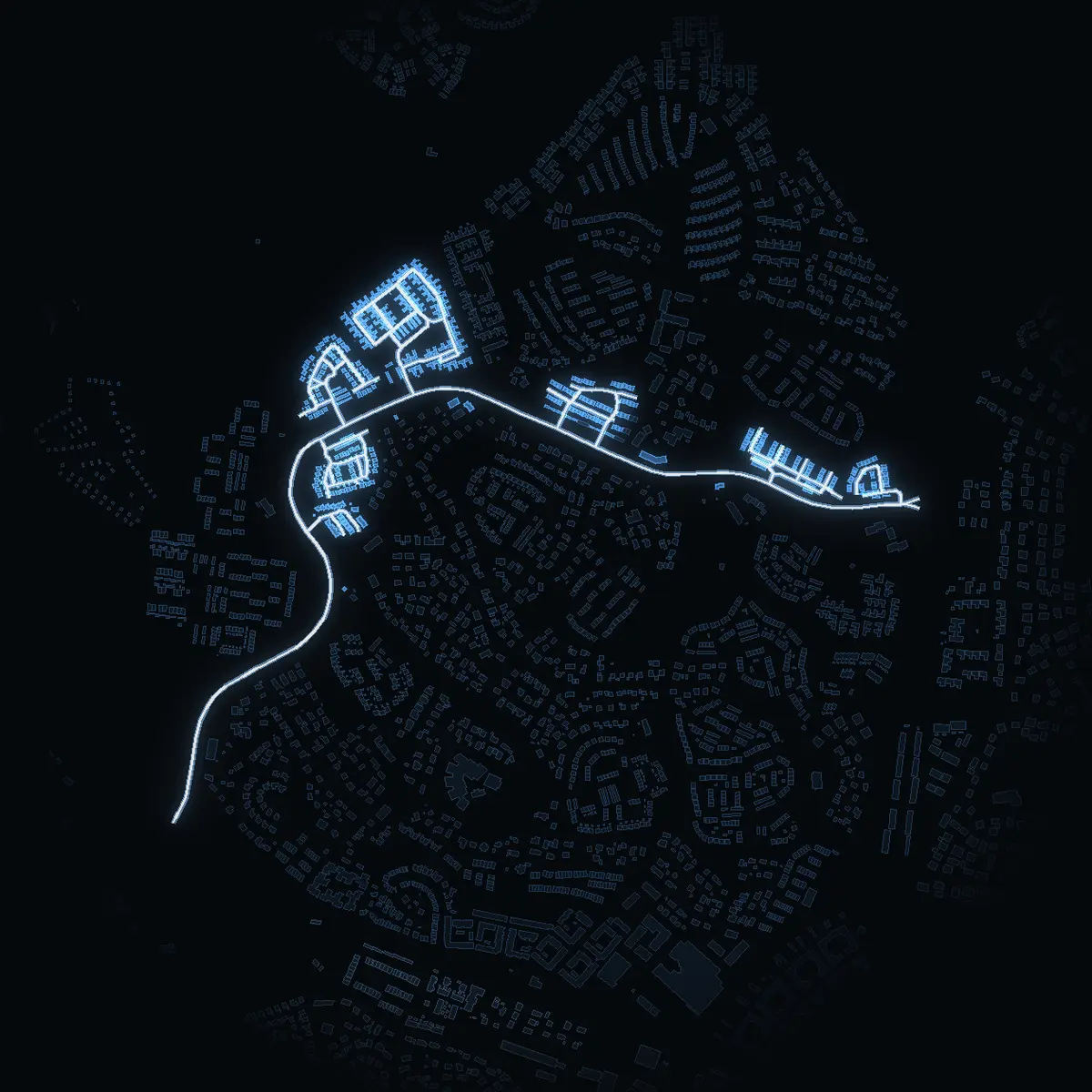 The street at night: Blomsterkungsvägen drawn in white, its buildings lit in the colour of their area’s income