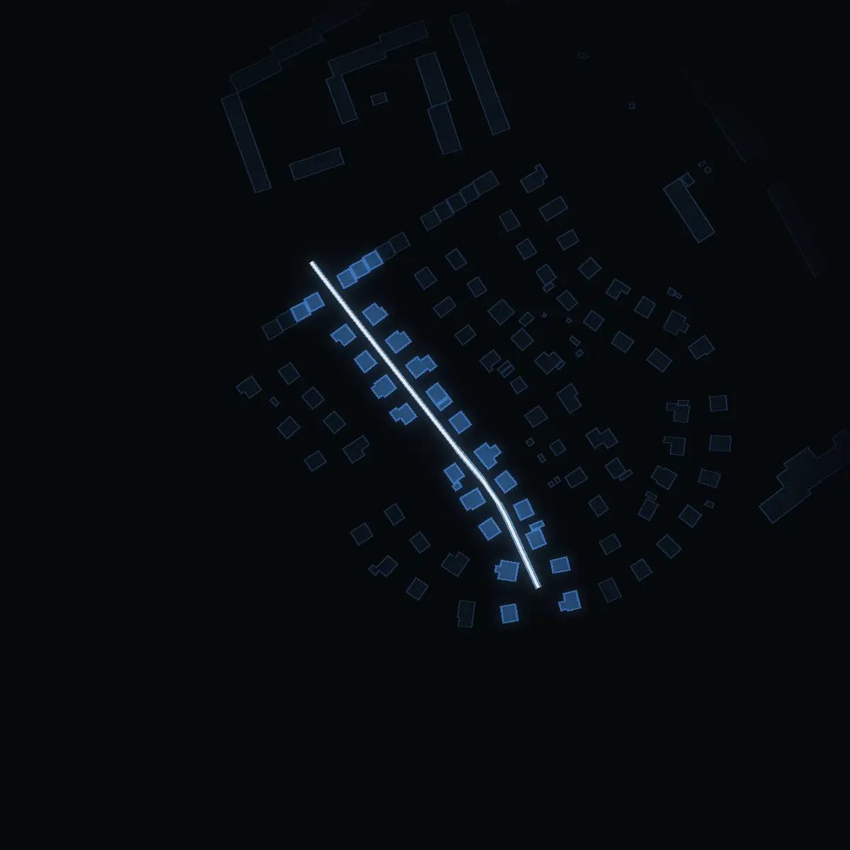 The street at night: Bokhållarvägen drawn in white, its buildings lit in the colour of their area’s income