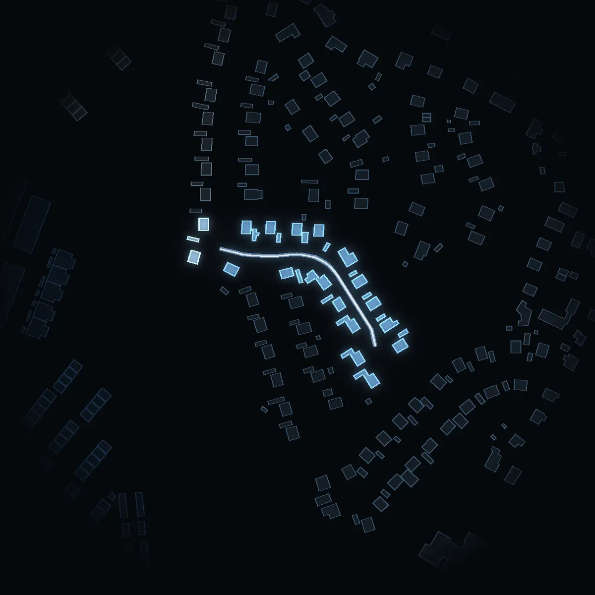 The street at night: Borstbindargränd drawn in white, its buildings lit in the colour of their area’s income