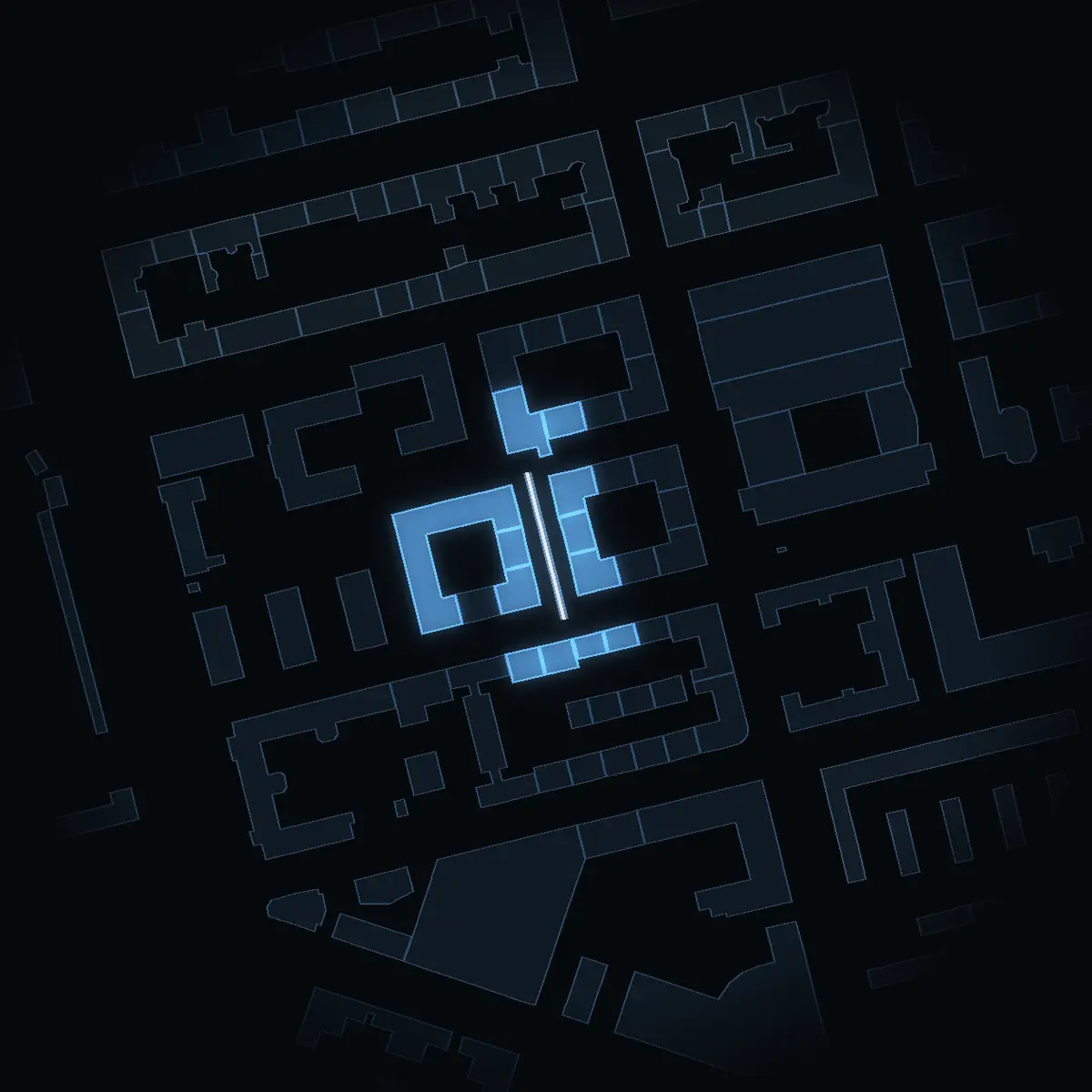 Doktor Abelins Gata at night, its buildings drawn from the city's 3D model