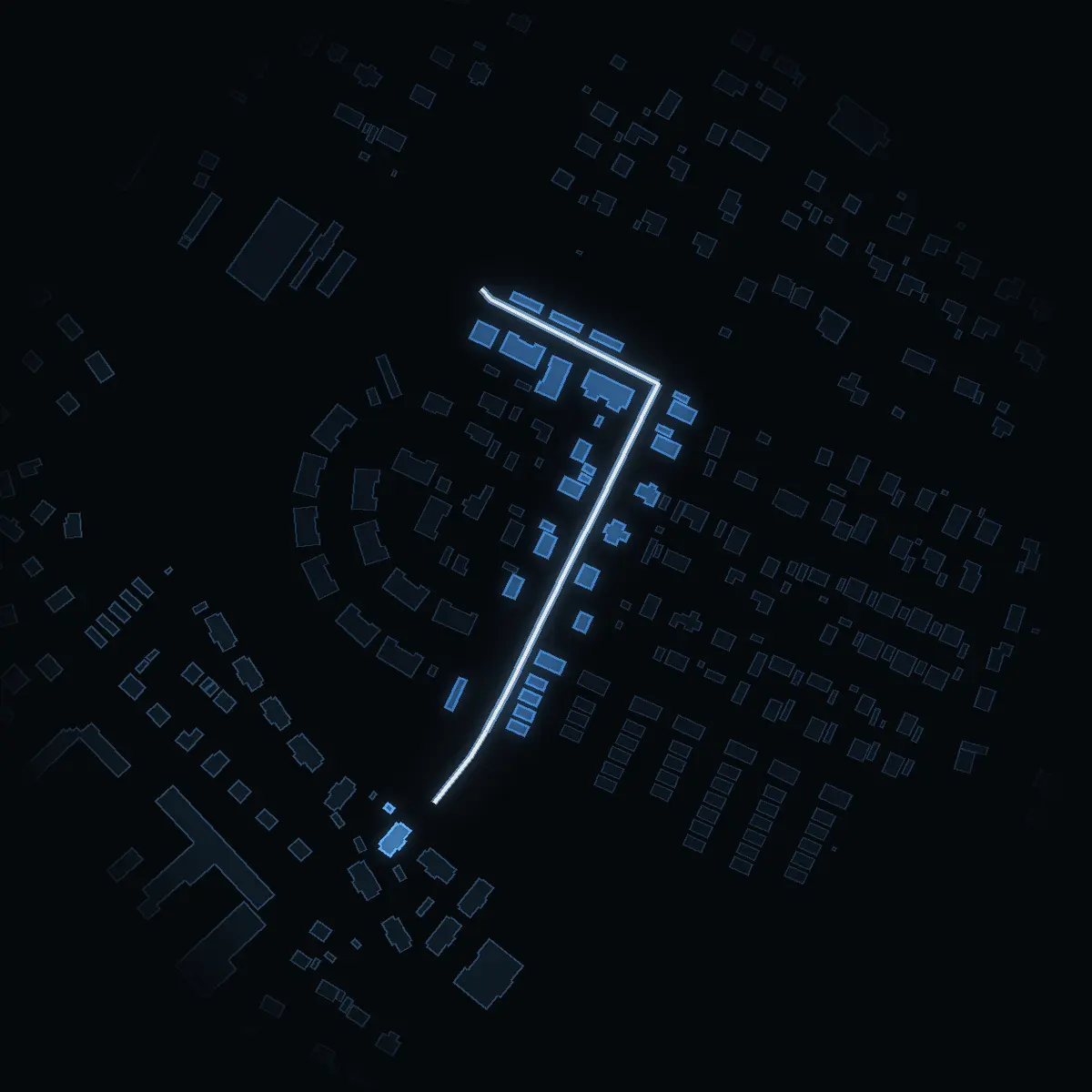 The street at night: Ekstocksvägen drawn in white, its buildings lit in the colour of their area’s income