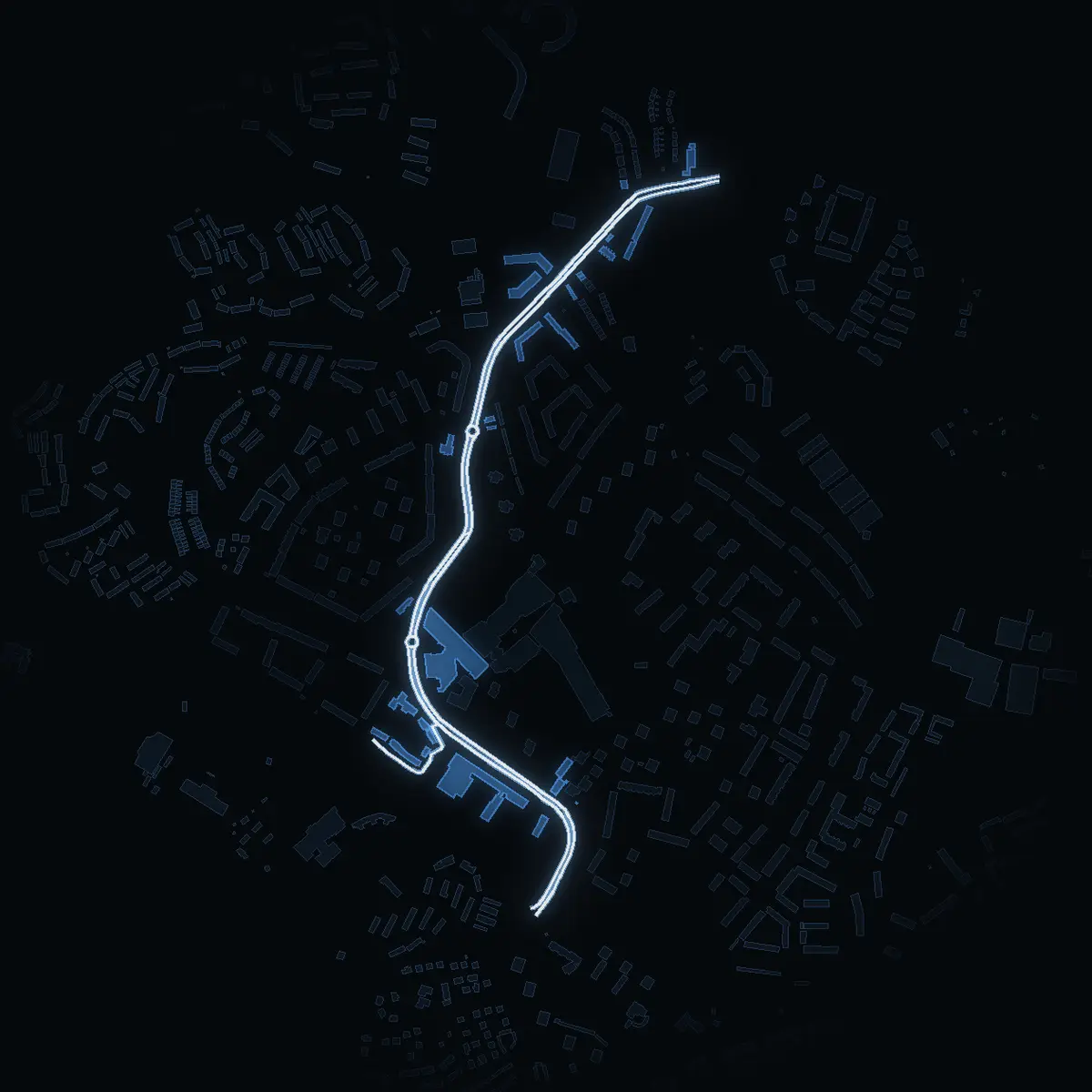 The street at night: Farstavägen drawn in white, its buildings lit in the colour of their area’s income
