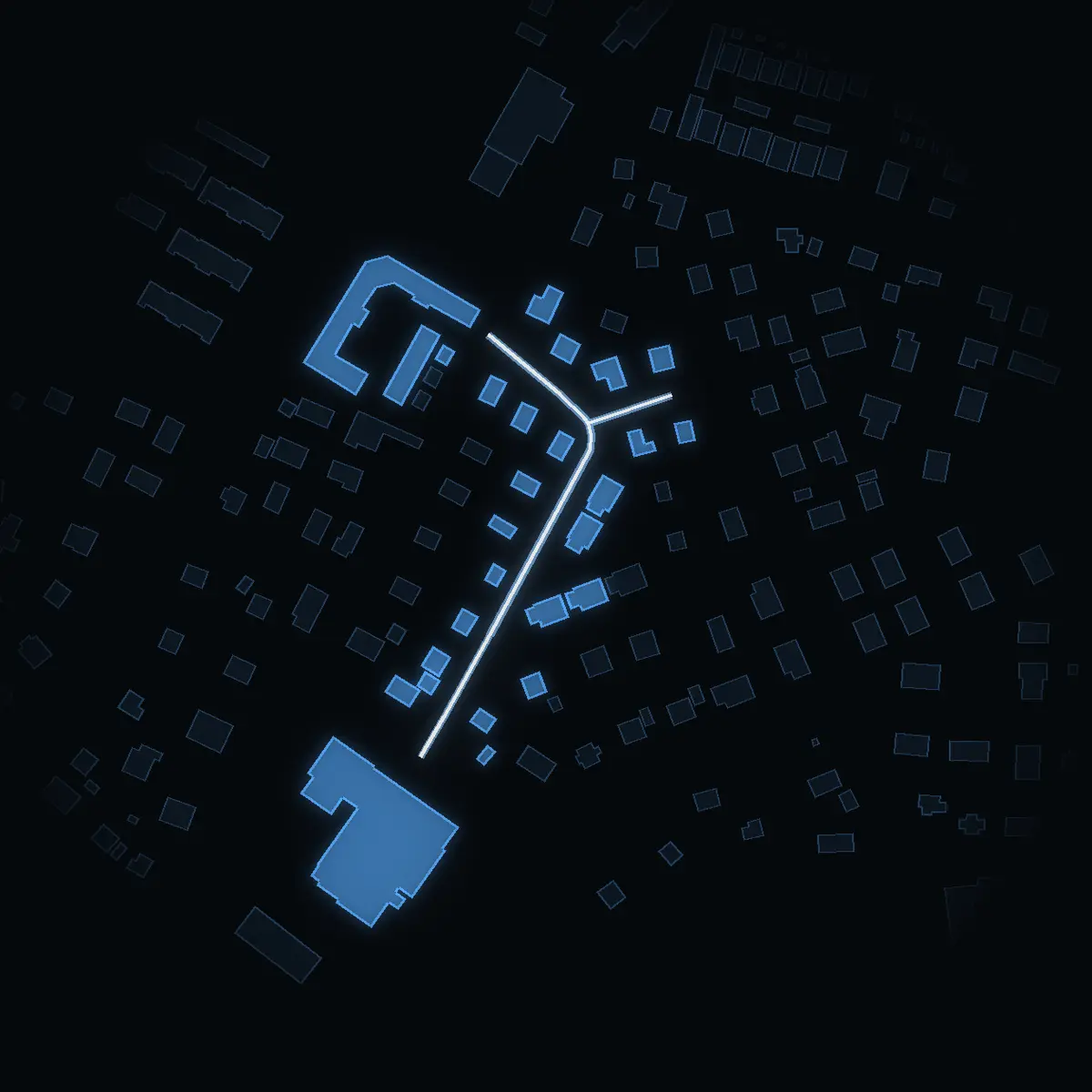 The street at night: Fernlundastigen drawn in white, its buildings lit in the colour of their area’s income