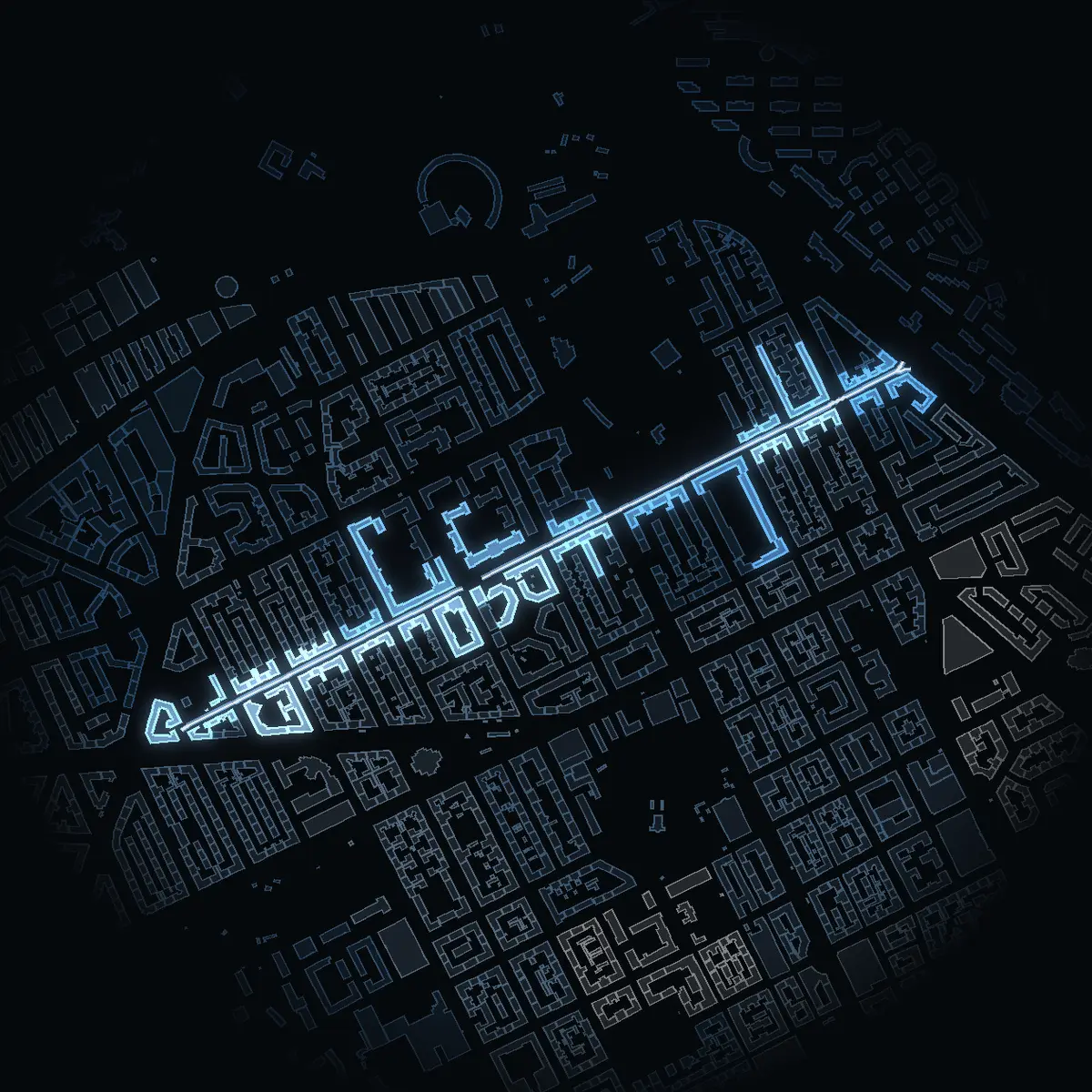 Frejgatan at night, its buildings drawn from the city's 3D model