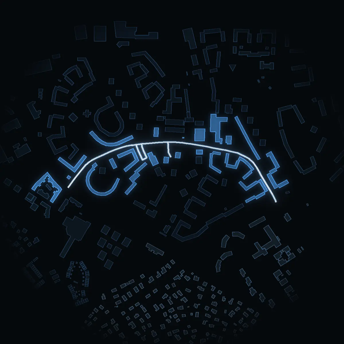 The street at night: Fruängsgatan drawn in white, its buildings lit in the colour of their area’s income