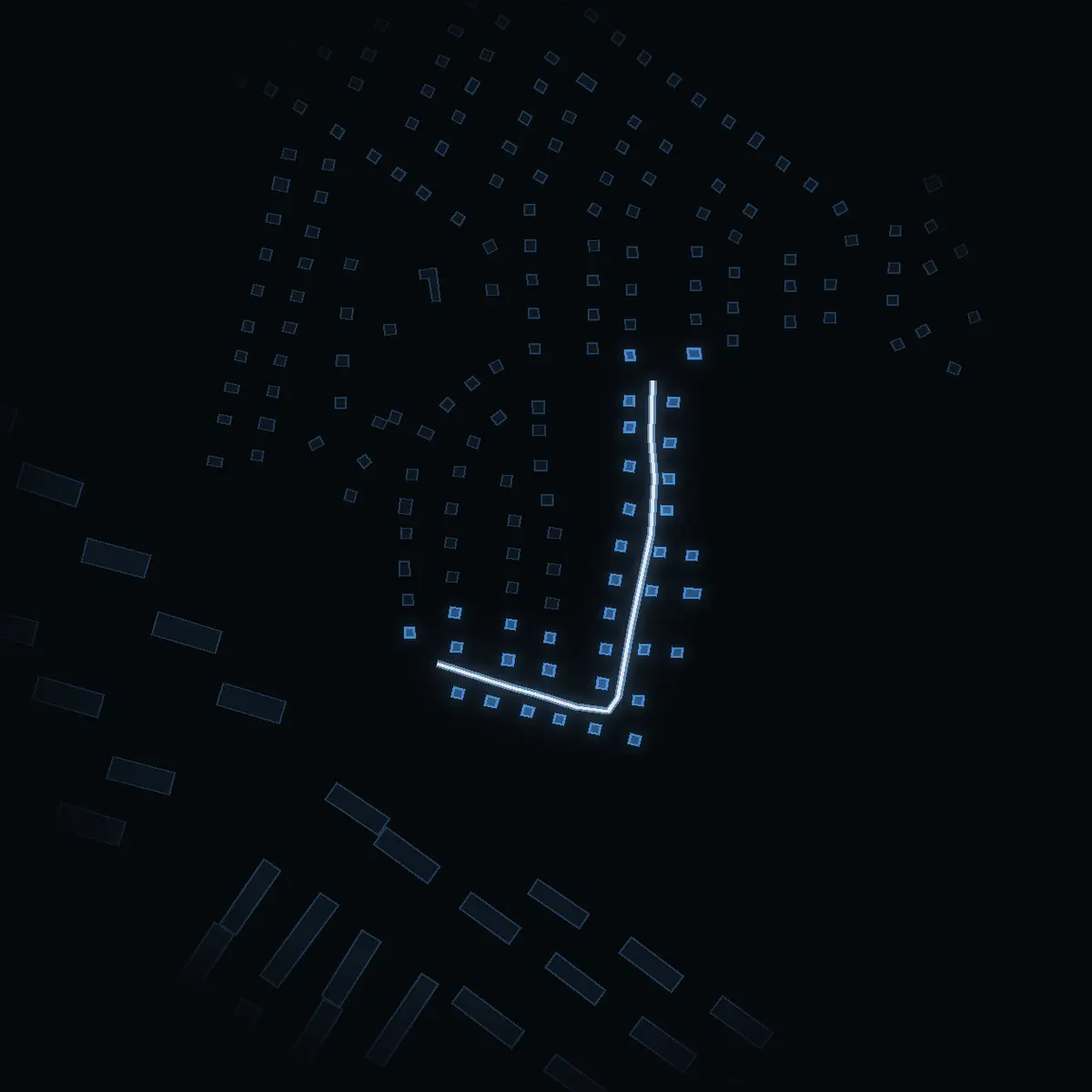 The street at night: Glia Sedumväg drawn in white, its buildings lit in the colour of their area’s income