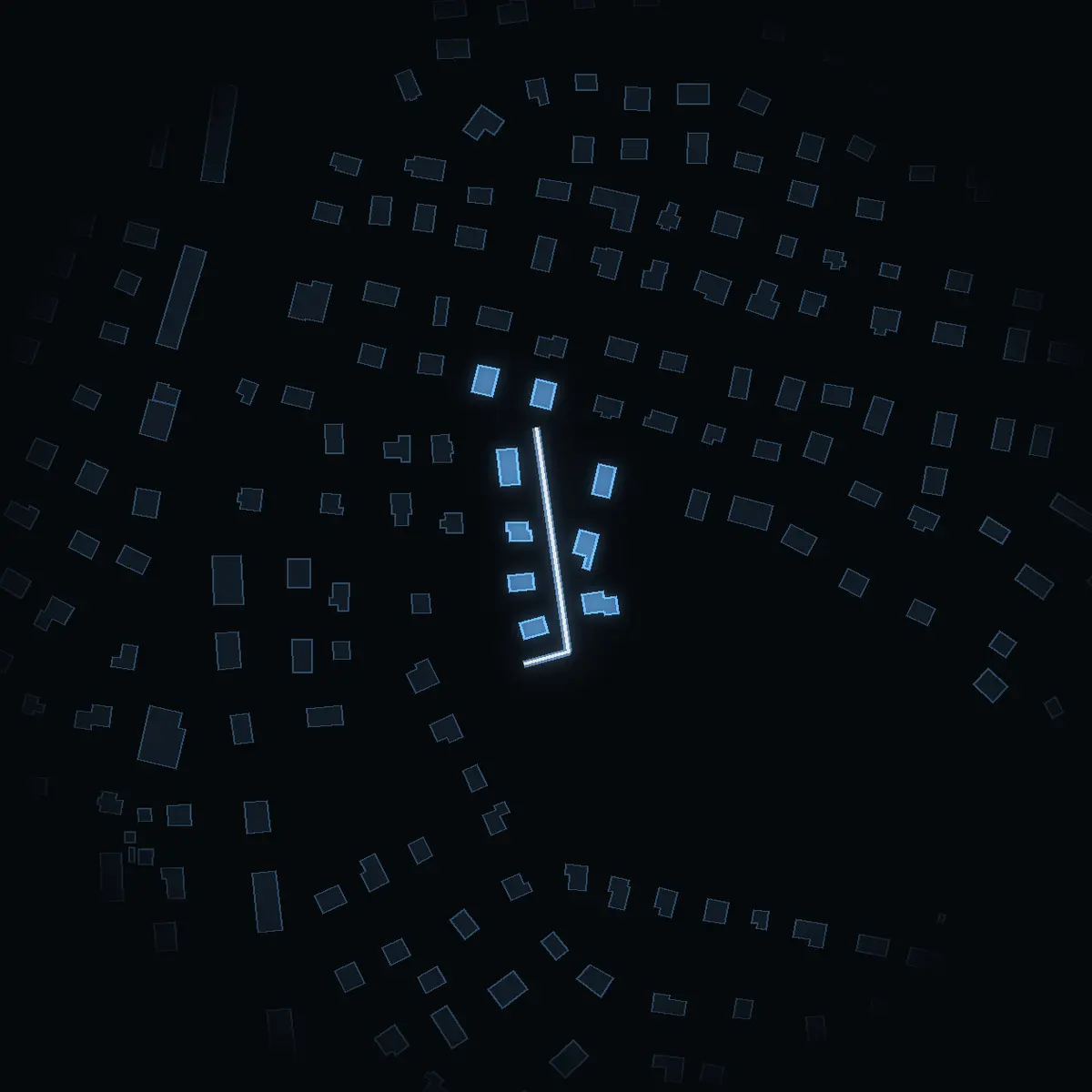 The street at night: Gråbergsstigen drawn in white, its buildings lit in the colour of their area’s income