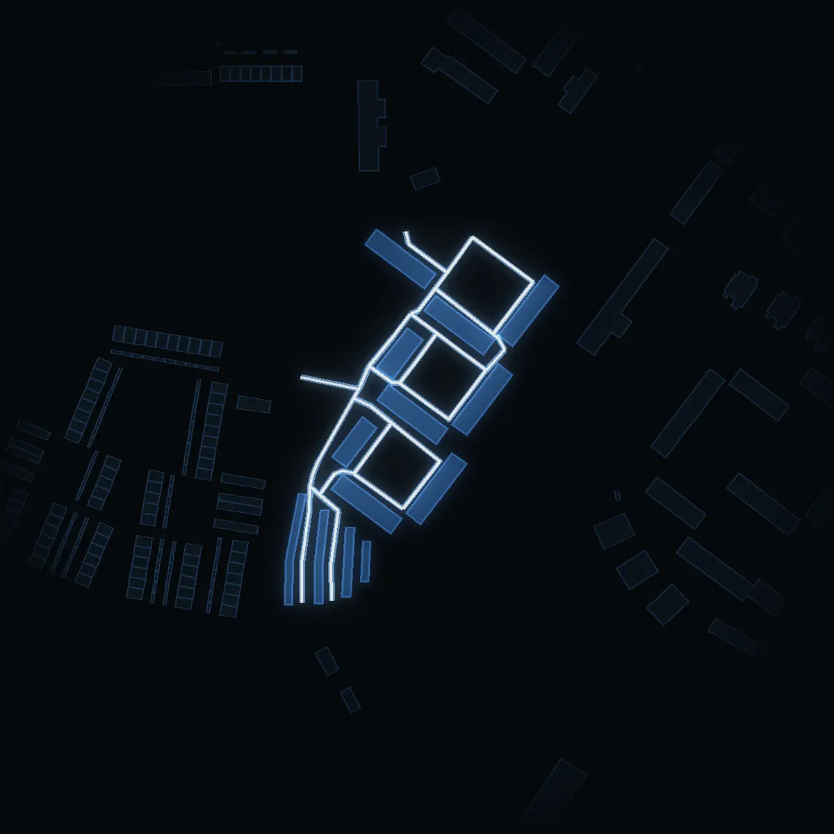 The street at night: Gransätragränd drawn in white, its buildings lit in the colour of their area’s income