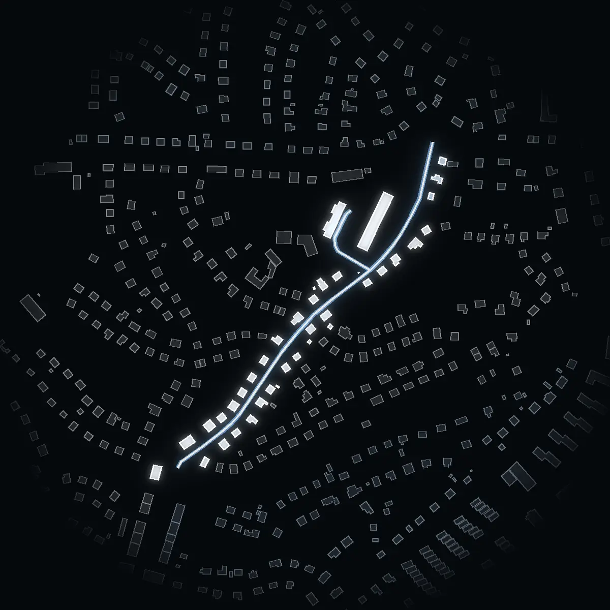 Gatan nattetid: Herman Ygbergs Väg inritad i vitt, husen tända i färgen för områdets inkomst