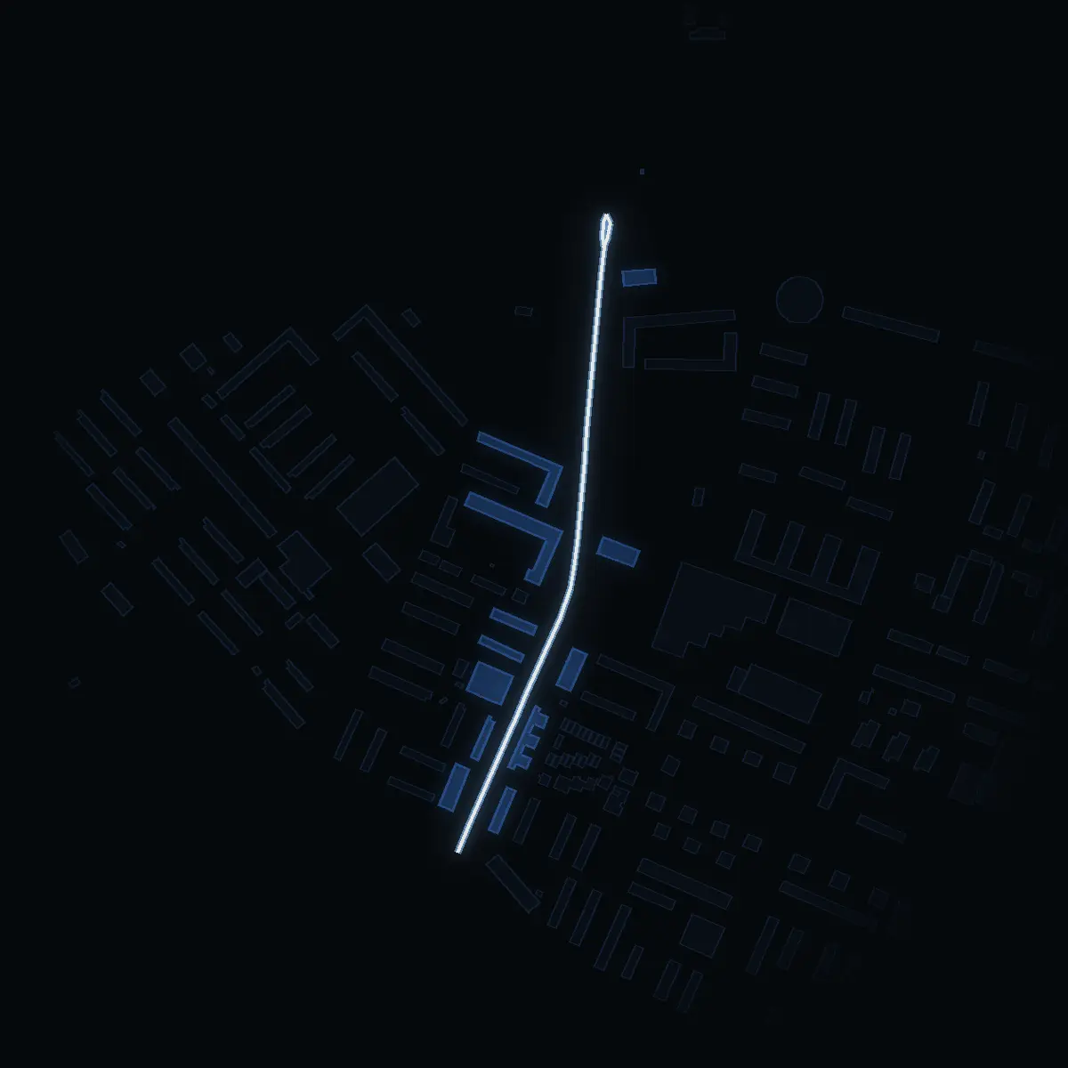 The street at night: Hjulstastråket drawn in white, its buildings lit in the colour of their area’s income