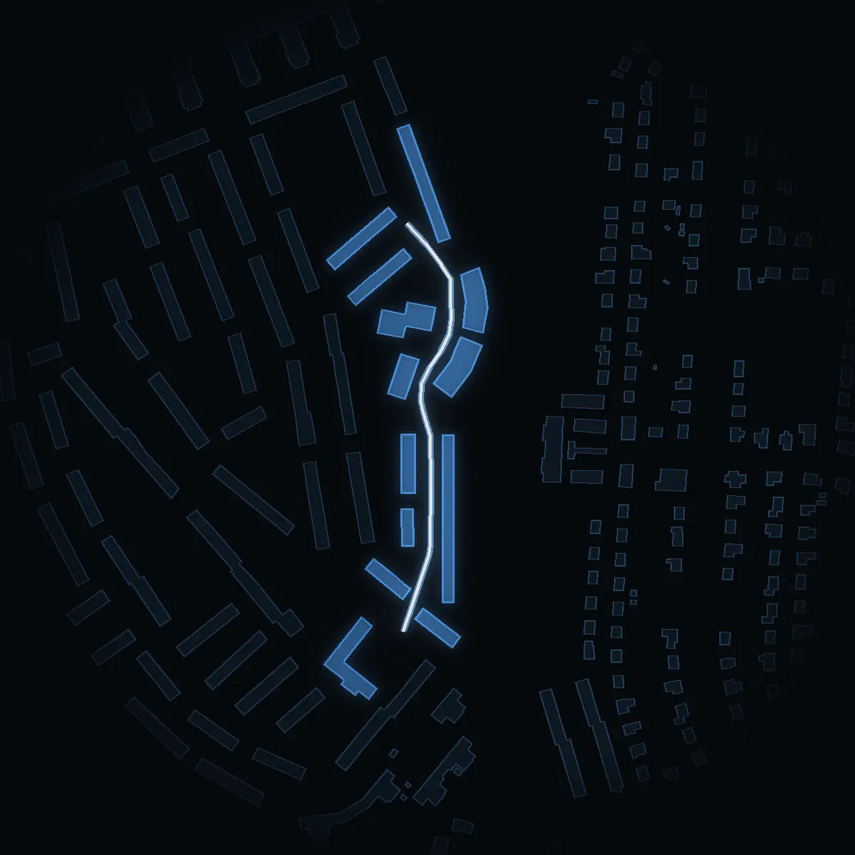 The street at night: Kamrerarvägen drawn in white, its buildings lit in the colour of their area’s income