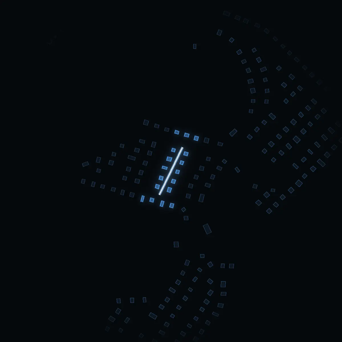 The street at night: Krusbärsvägen (Riksby-Åkeshov) drawn in white, its buildings lit in the colour of their area’s income