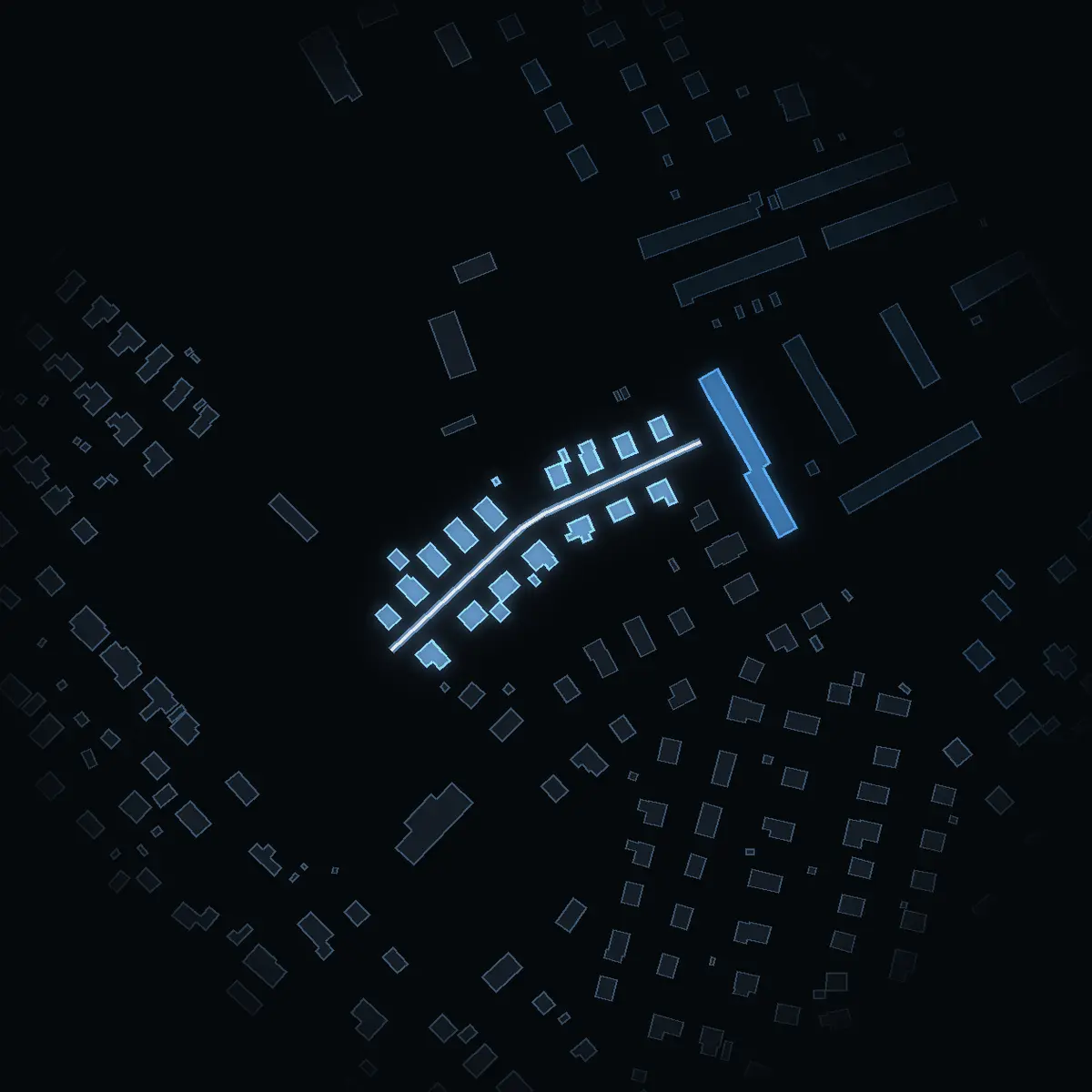 The street at night: Kryddlandsvägen drawn in white, its buildings lit in the colour of their area’s income