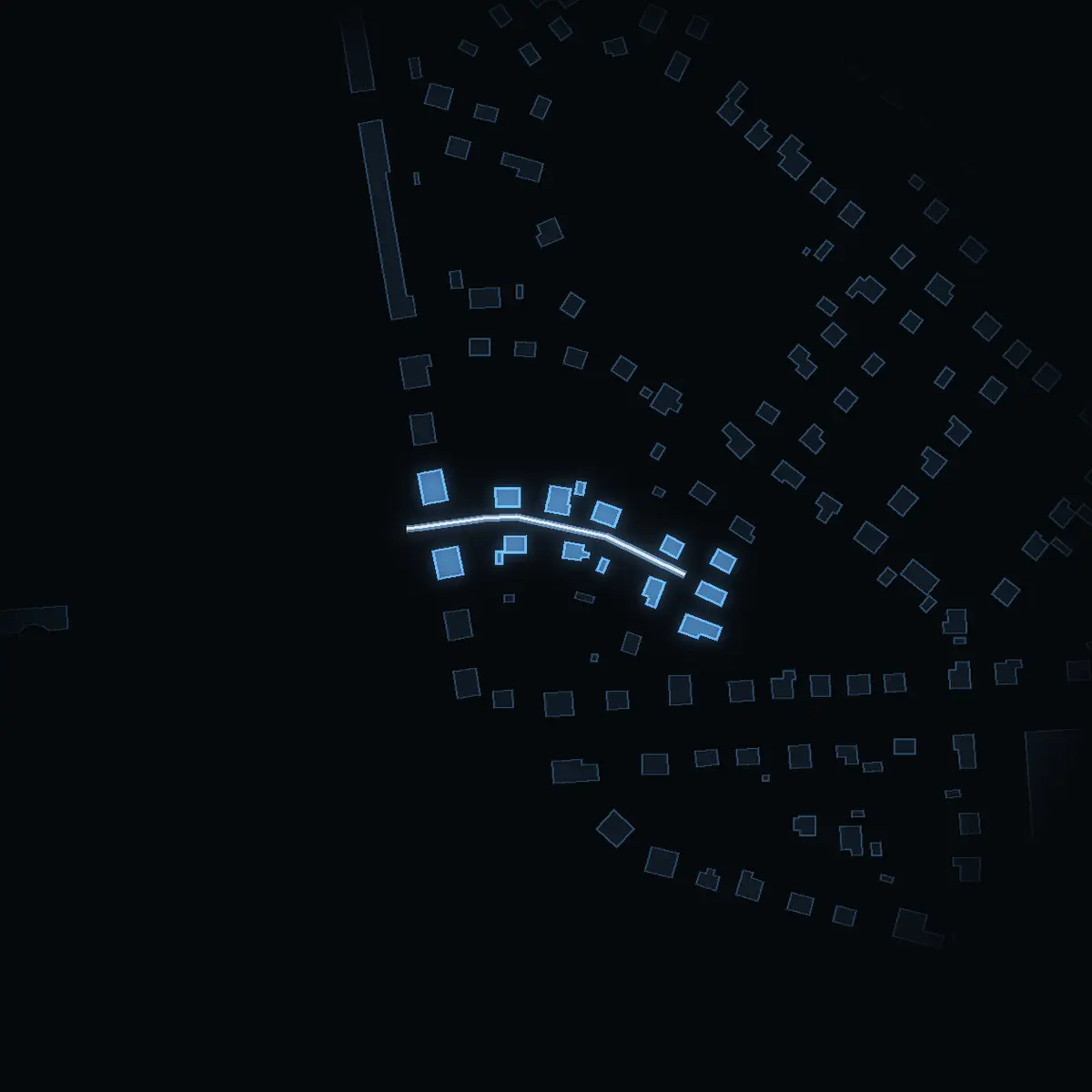 The street at night: Kullavägen drawn in white, its buildings lit in the colour of their area’s income