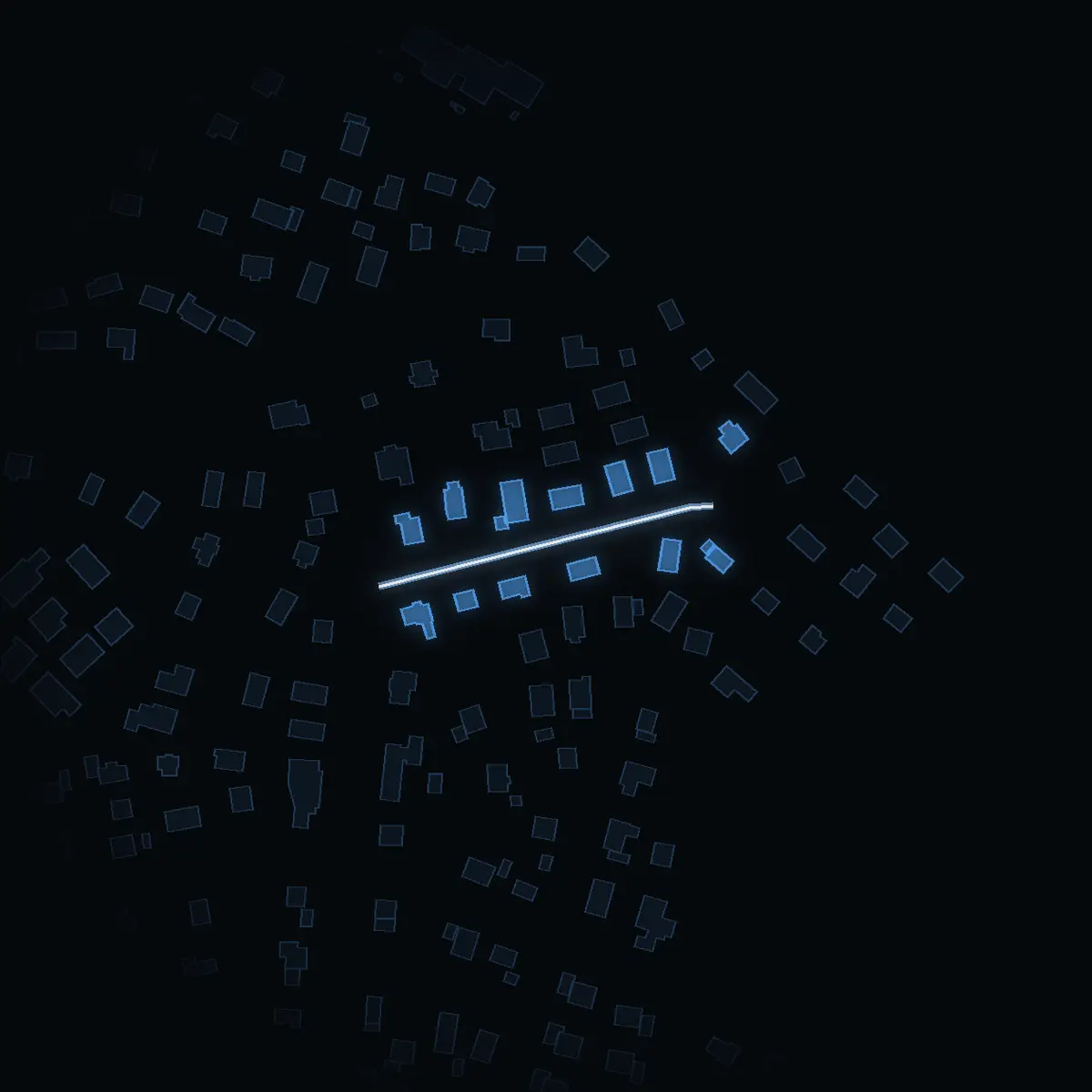 The street at night: Läkarvägen drawn in white, its buildings lit in the colour of their area’s income
