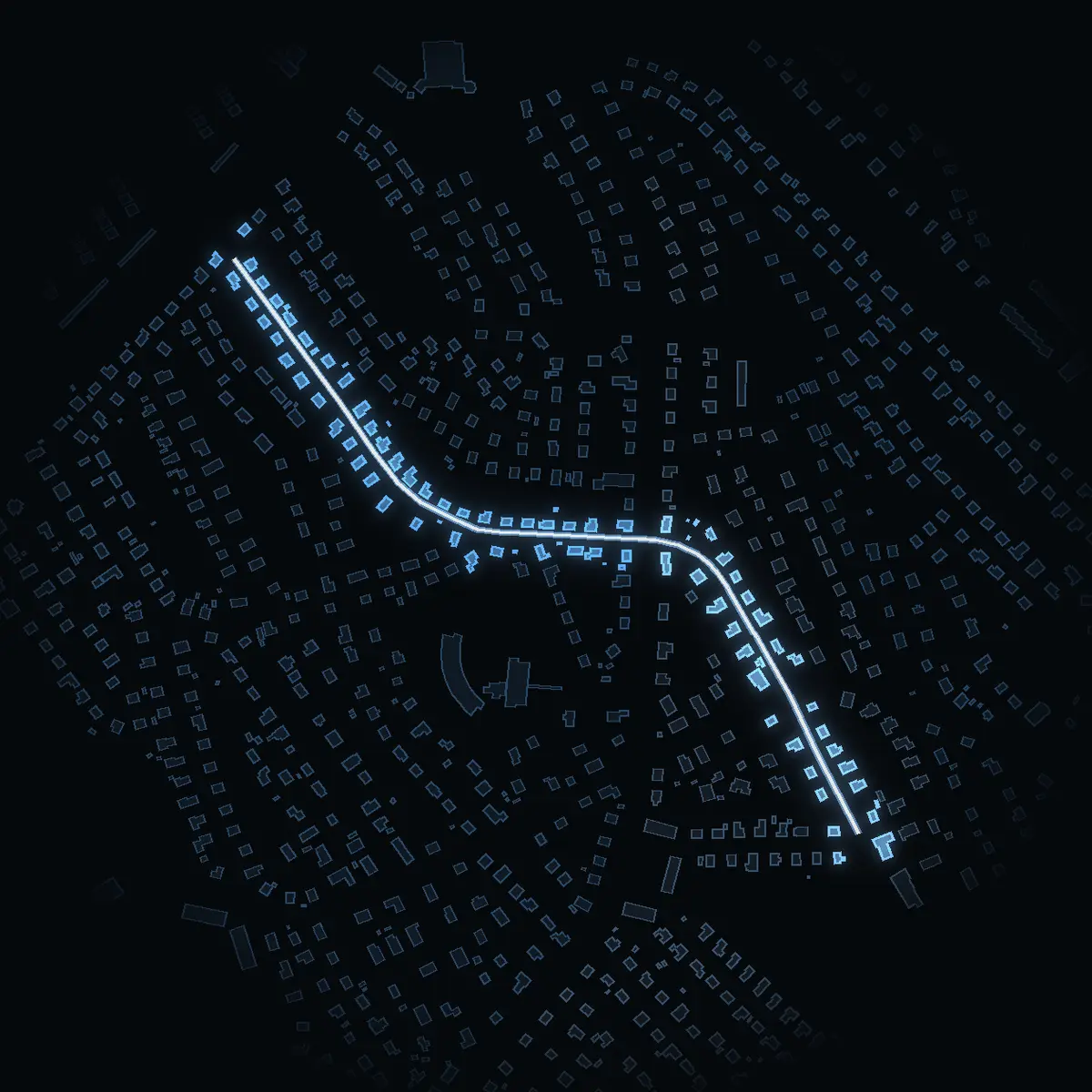 The street at night: Lievägen drawn in white, its buildings lit in the colour of their area’s income