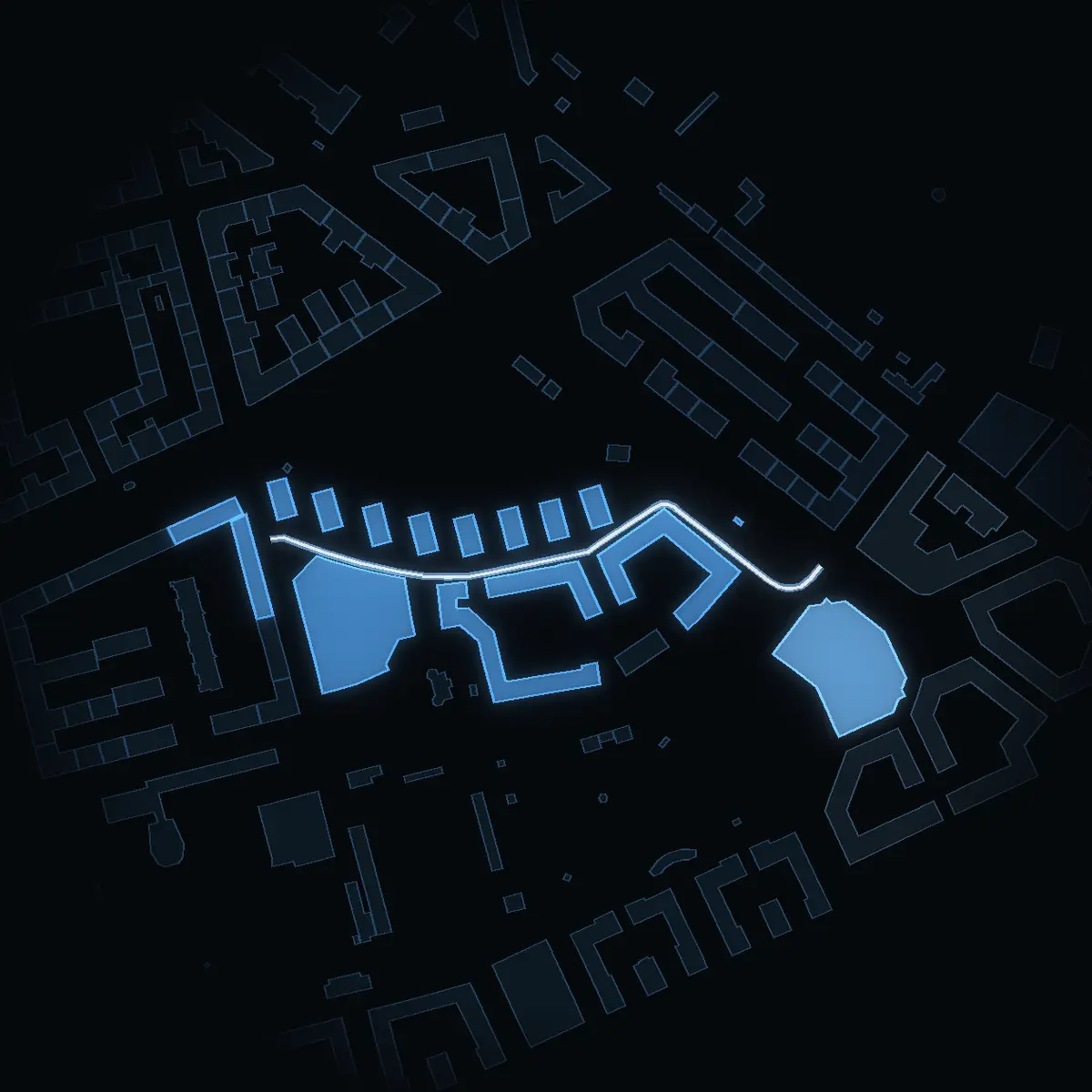Metargatan at night, its buildings drawn from the city's 3D model