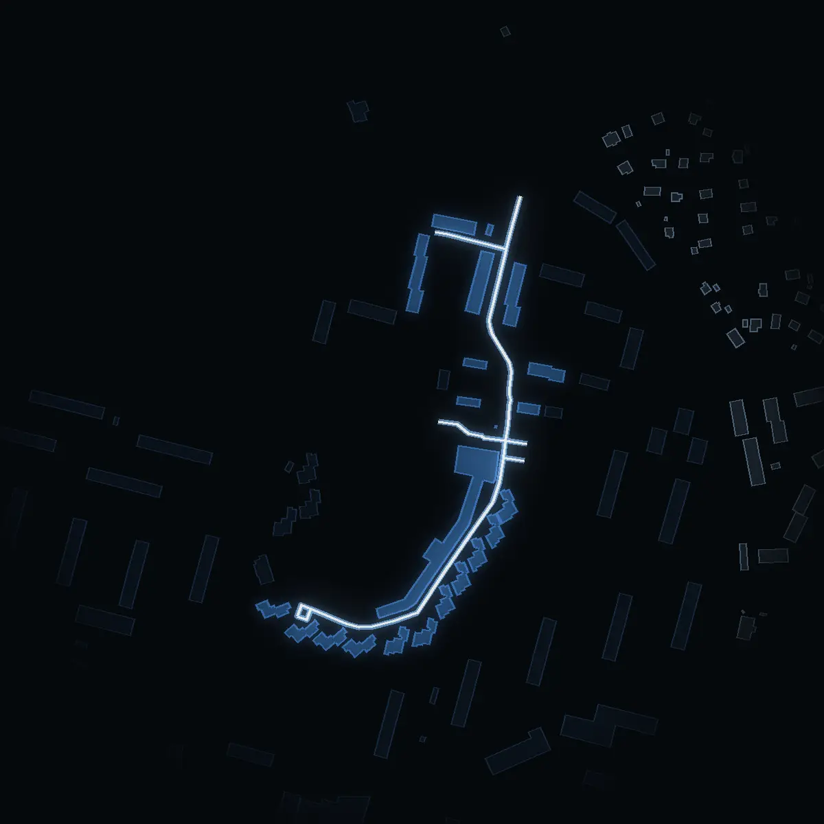 The street at night: Odd Fellowvägen drawn in white, its buildings lit in the colour of their area’s income
