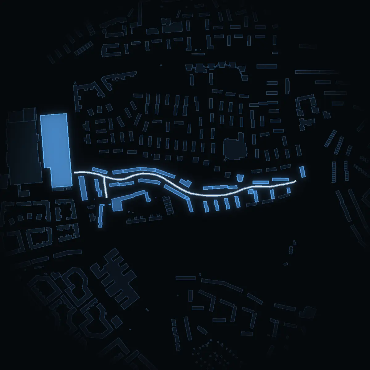 The street at night: Paternostervägen drawn in white, its buildings lit in the colour of their area’s income