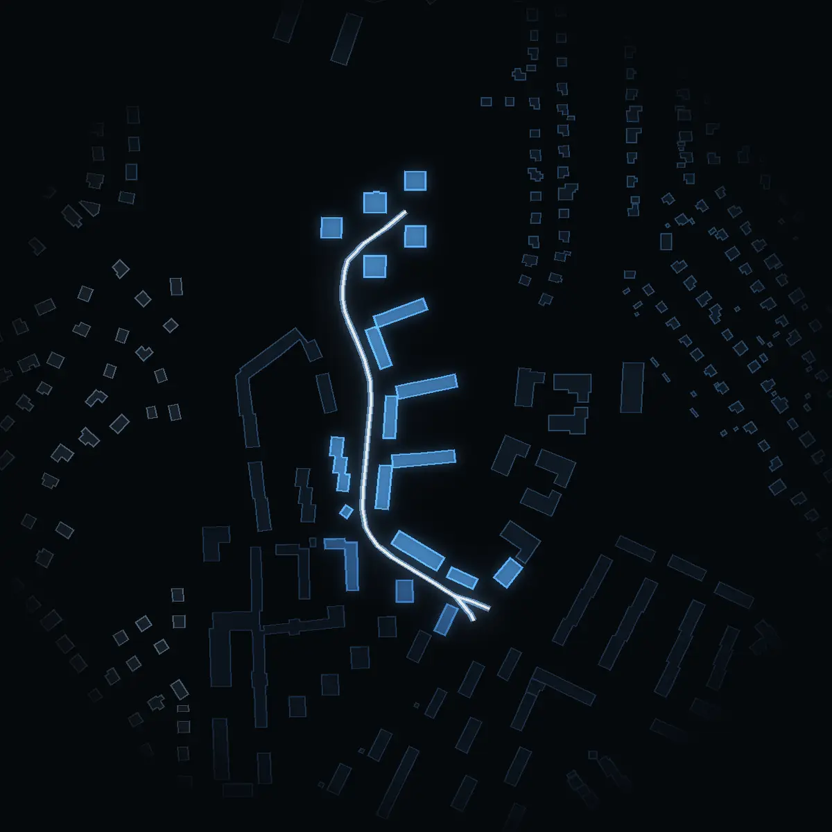 The street at night: Postiljonsvägen drawn in white, its buildings lit in the colour of their area’s income
