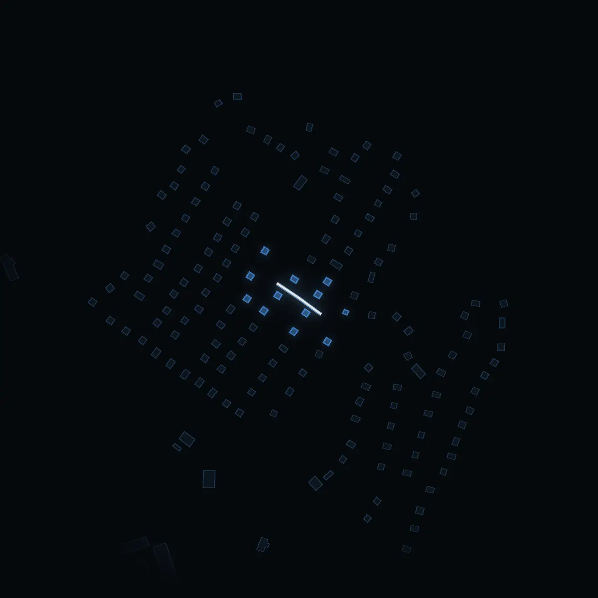 The street at night: Pumpvägen drawn in white, its buildings lit in the colour of their area’s income