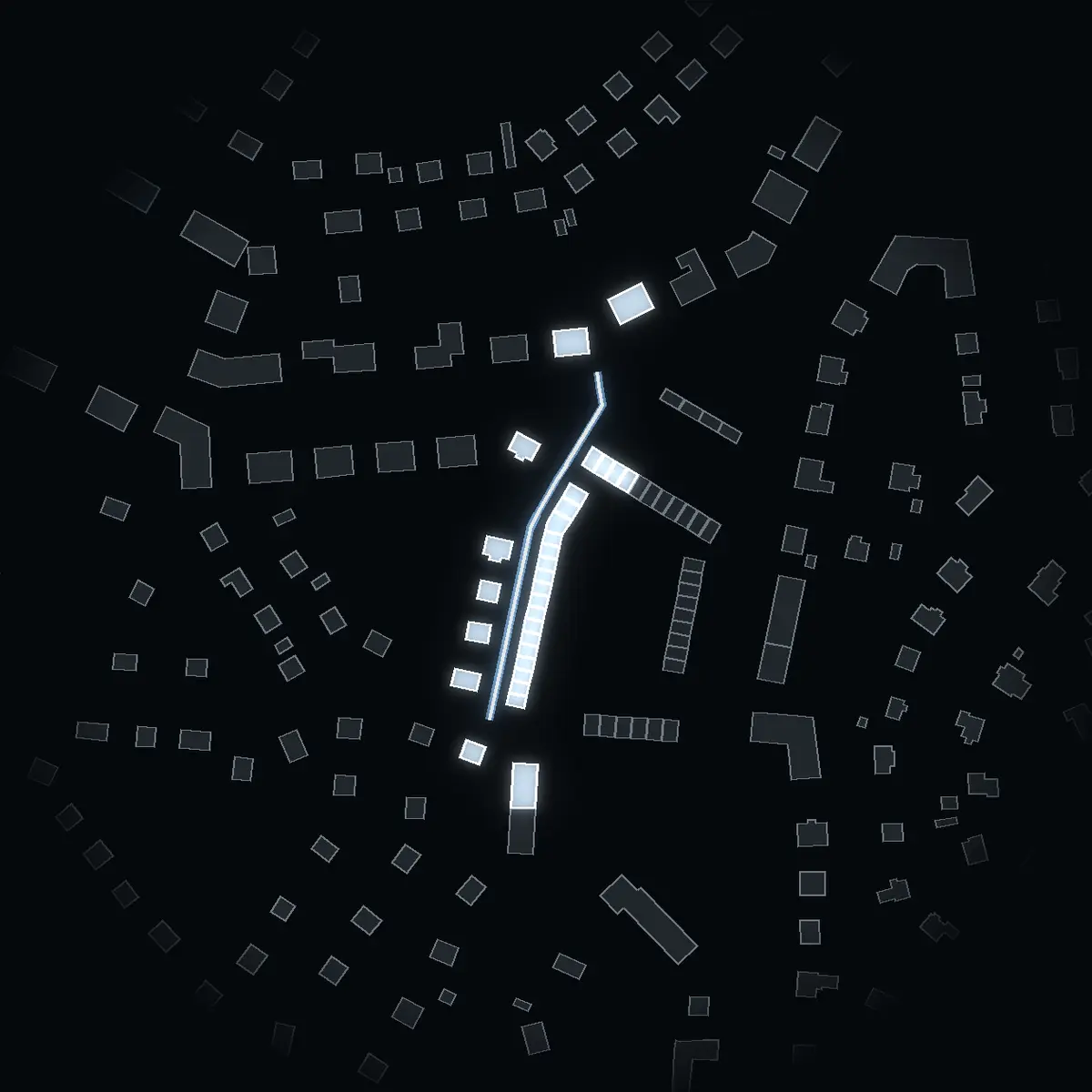 The street at night: Radhusallén drawn in white, its buildings lit in the colour of their area’s income