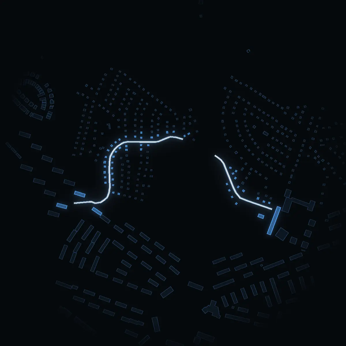 The street at night: Salixvägen drawn in white, its buildings lit in the colour of their area’s income