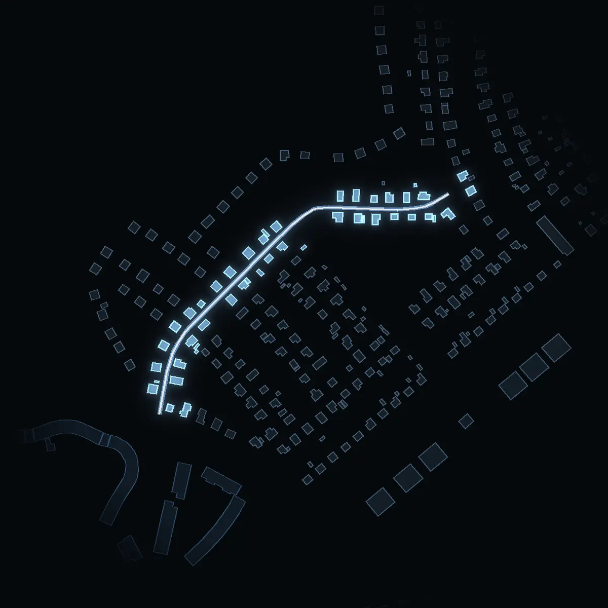 The street at night: Skällnoravägen drawn in white, its buildings lit in the colour of their area’s income