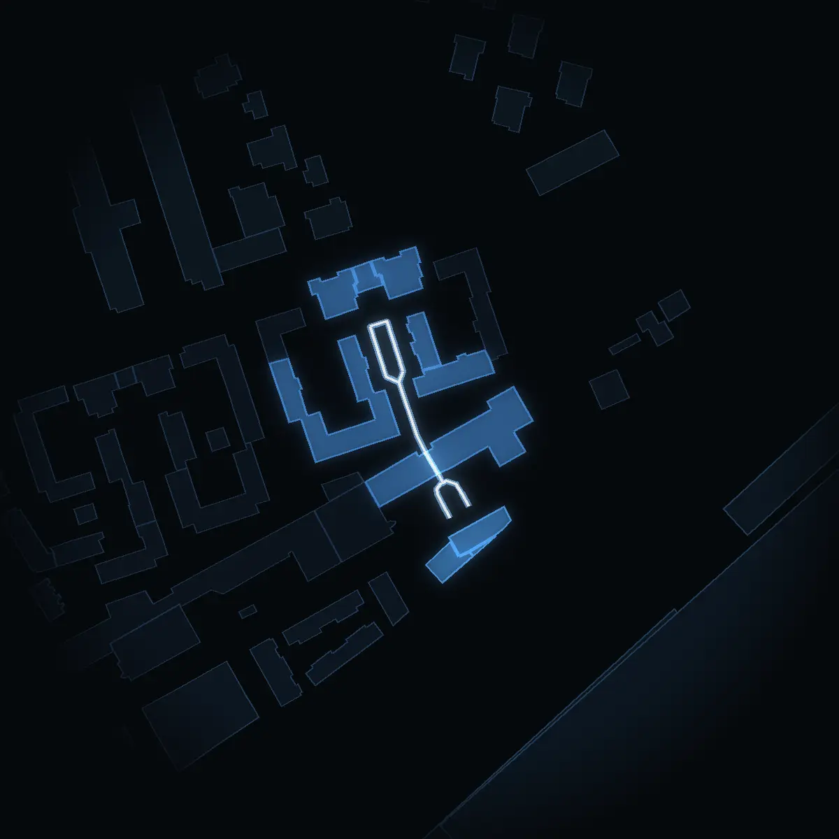 The street at night: Solberga Ängsväg drawn in white, its buildings lit in the colour of their area’s income