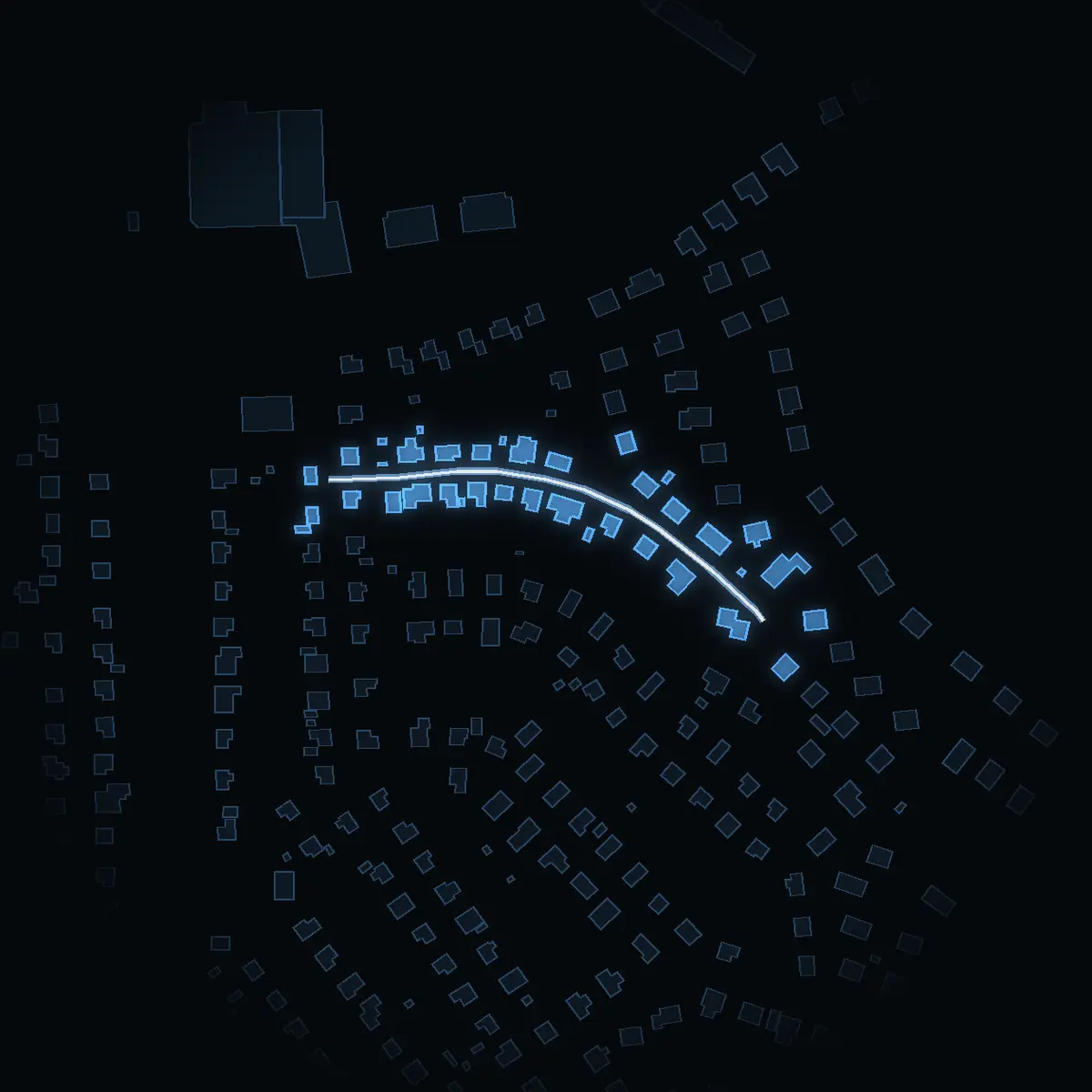 The street at night: Sorundagatan drawn in white, its buildings lit in the colour of their area’s income