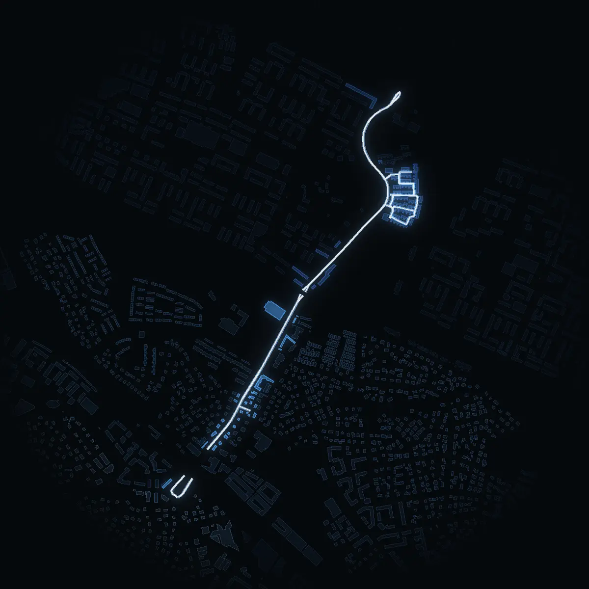 The street at night: Spånga Kyrkväg drawn in white, its buildings lit in the colour of their area’s income