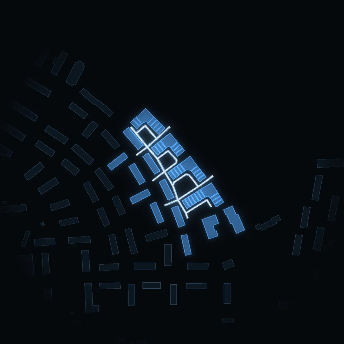 The street at night: Sten Bergmans väg drawn in white, its buildings lit in the colour of their area’s income