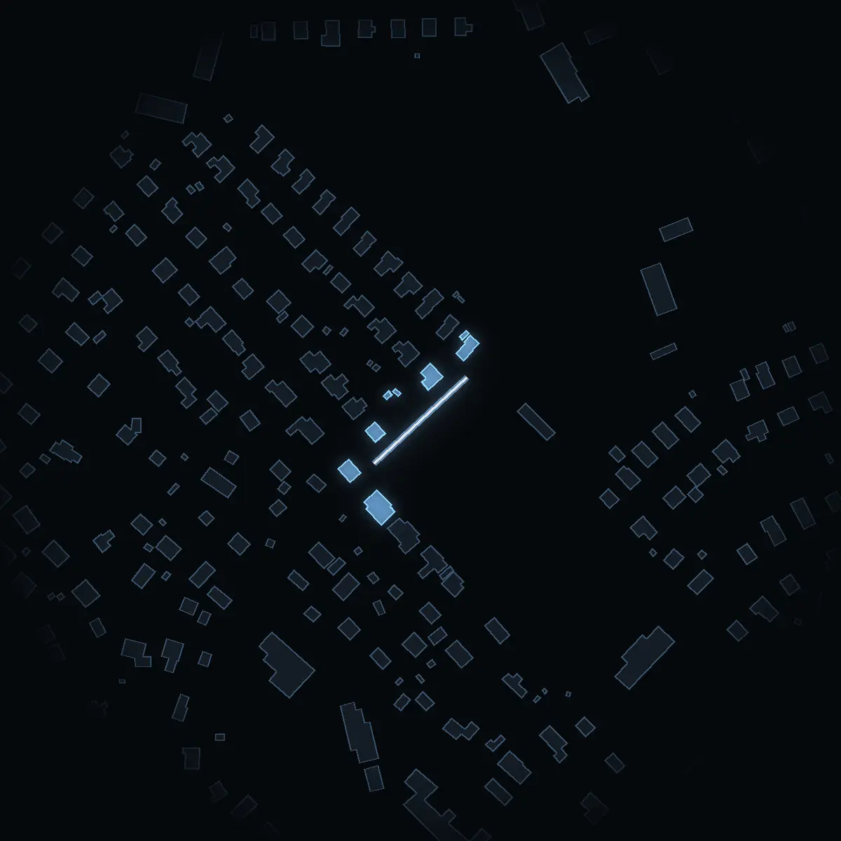 The street at night: Svärmarvägen drawn in white, its buildings lit in the colour of their area’s income