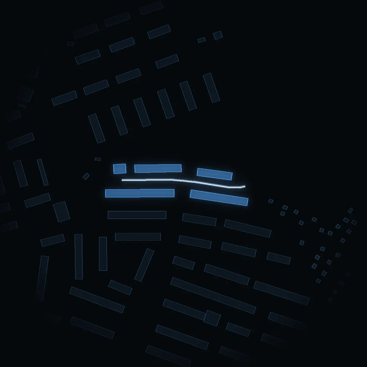 The street at night: Synålsvägen drawn in white, its buildings lit in the colour of their area’s income