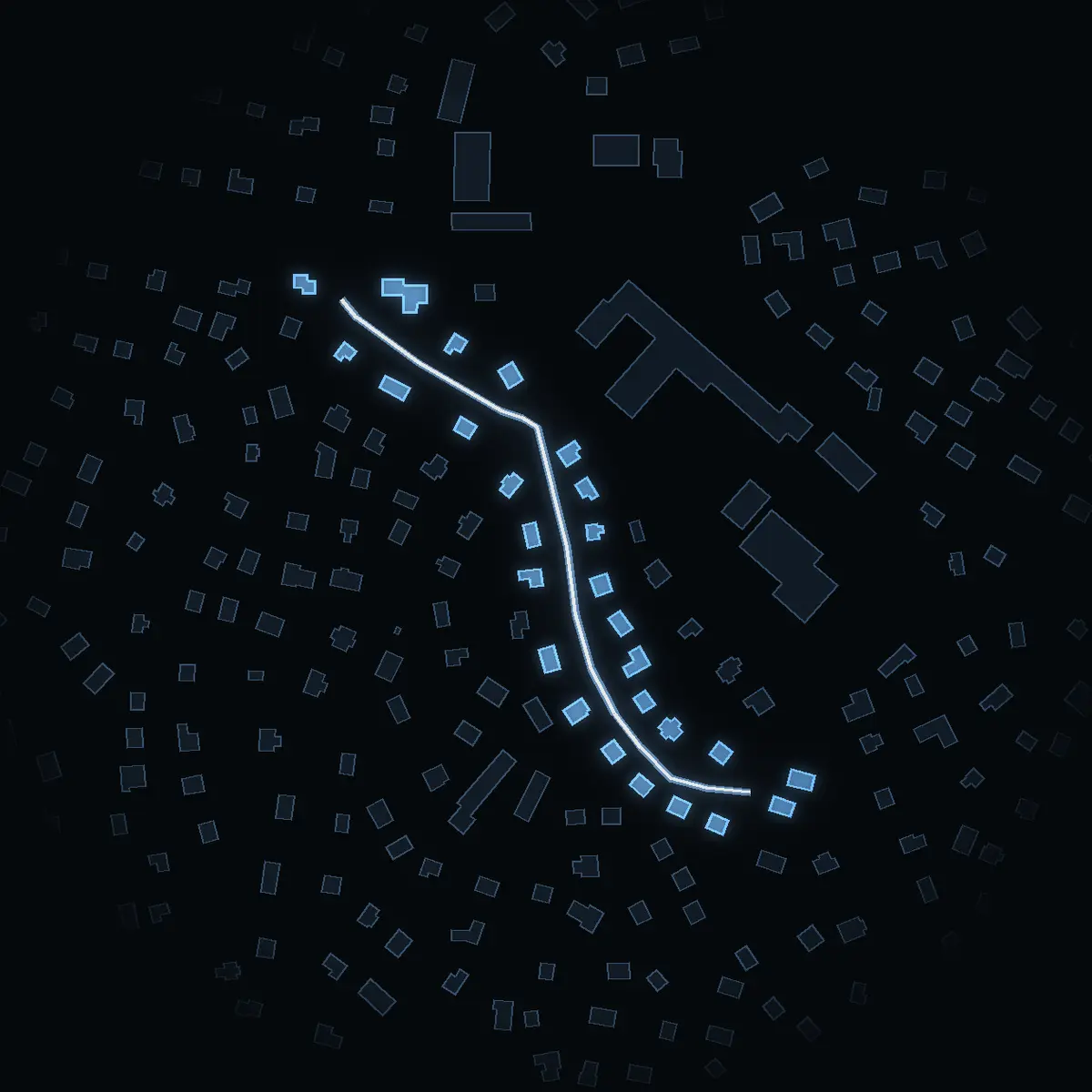 The street at night: Tallstubbsbacken drawn in white, its buildings lit in the colour of their area’s income