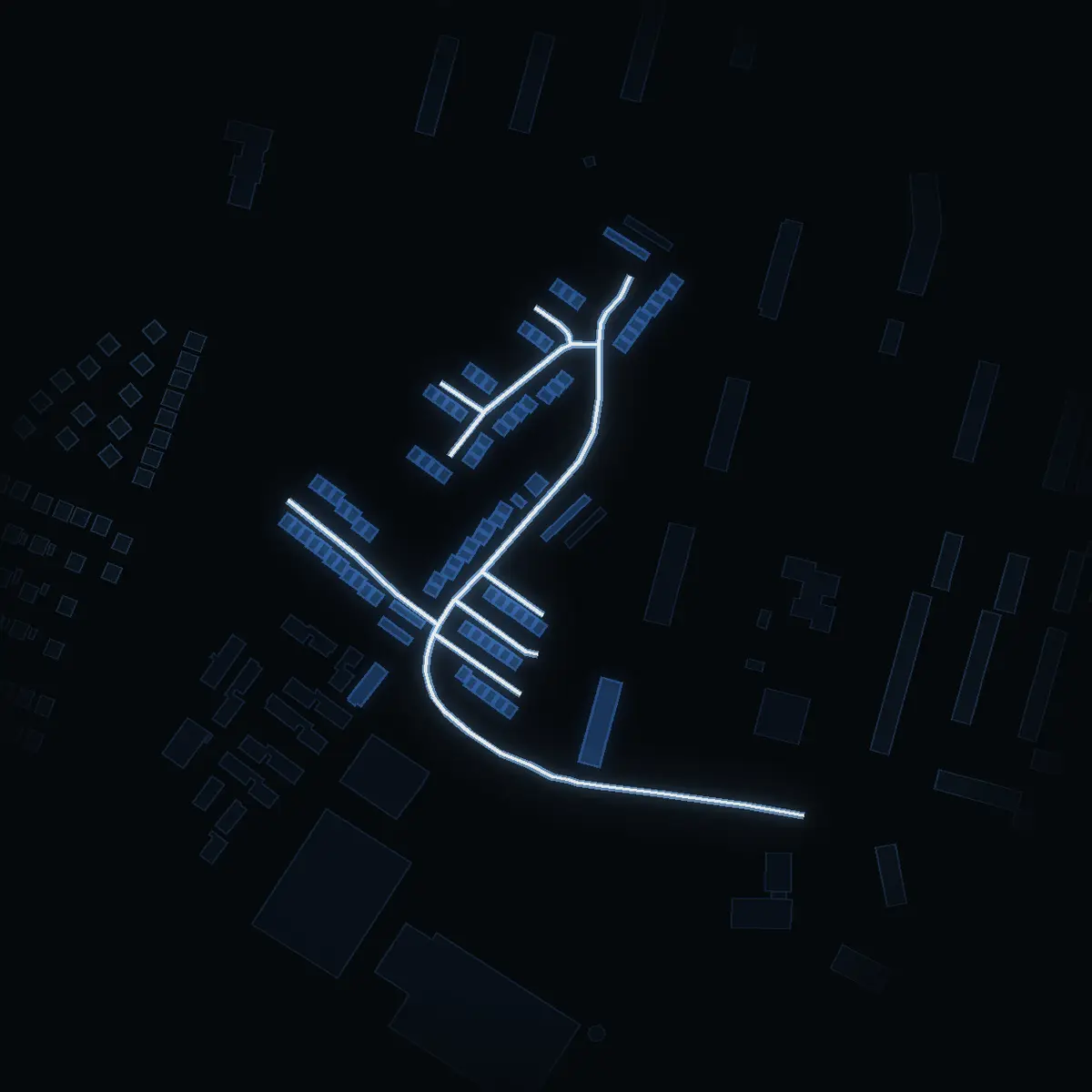 The street at night: Tankebyggarbacken drawn in white, its buildings lit in the colour of their area’s income