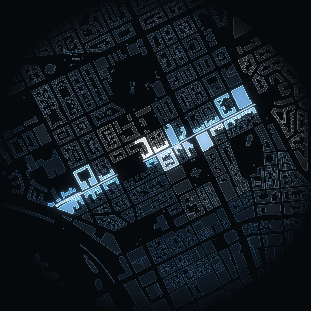 Tegnérgatan at night, its buildings drawn from the city's 3D model