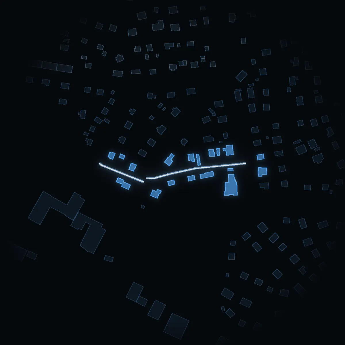 The street at night: Älvängsvägen drawn in white, its buildings lit in the colour of their area’s income