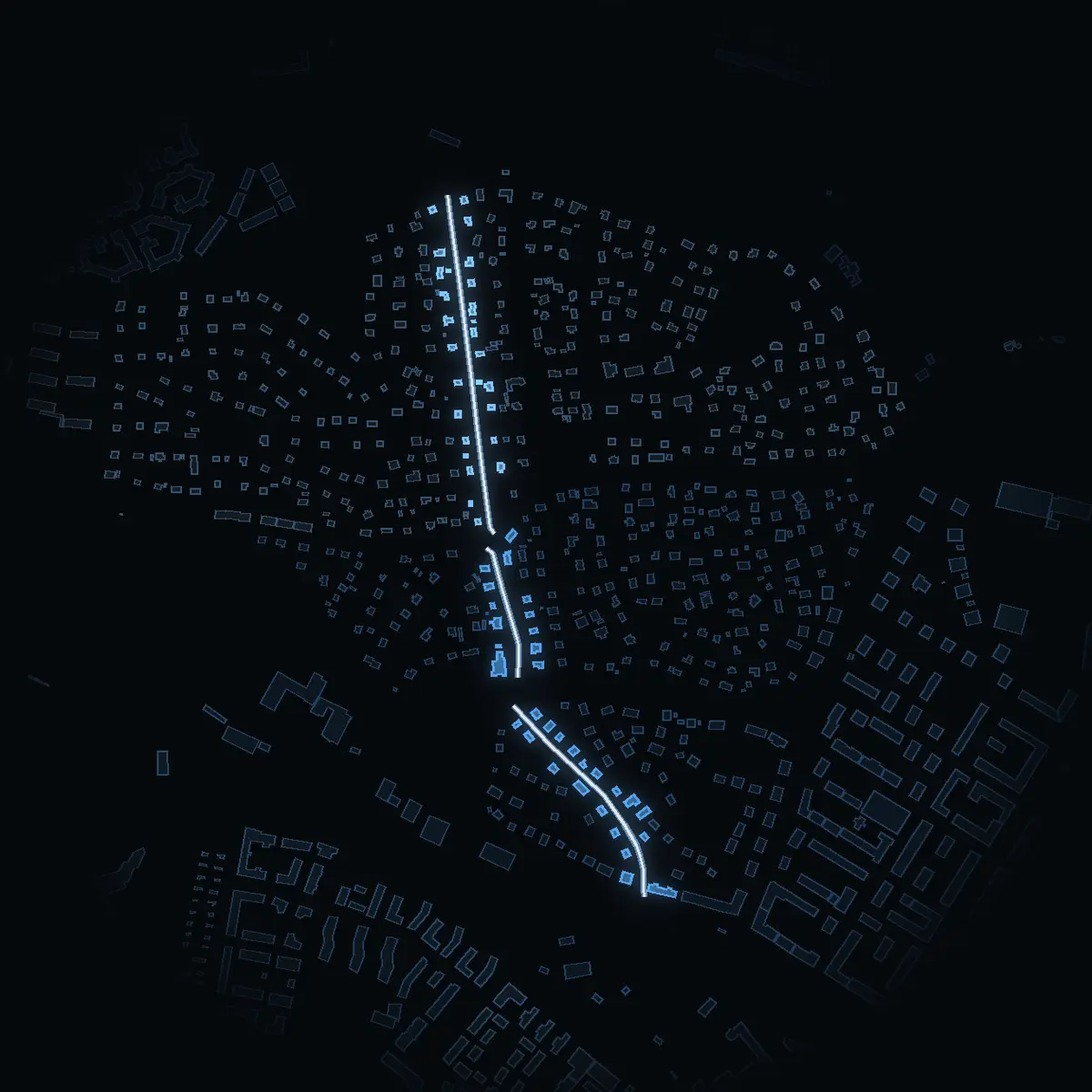 The street at night: Björkhagsvägen drawn in white, its buildings lit in the colour of their area’s income