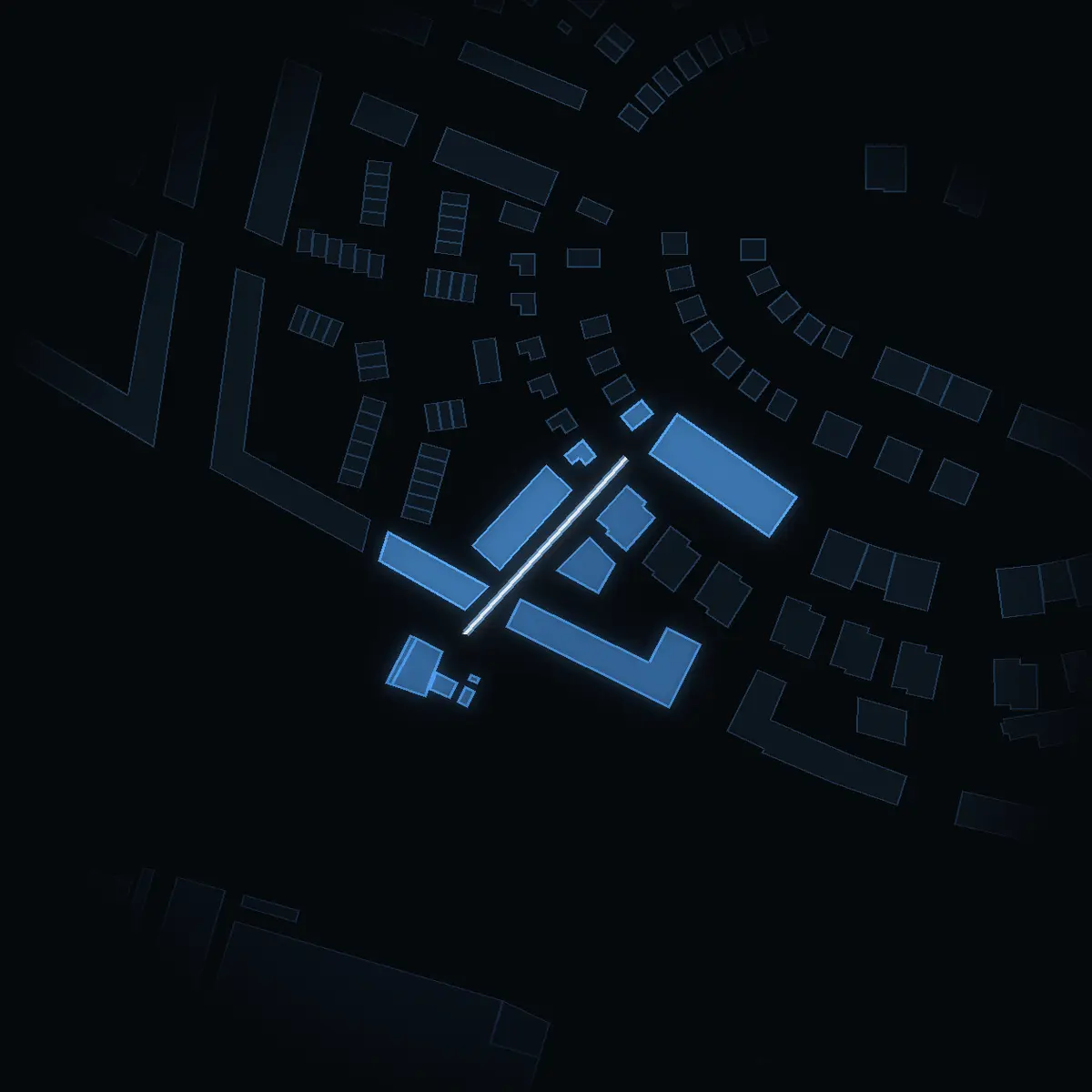 The street at night: Brännarvägen drawn in white, its buildings lit in the colour of their area’s income