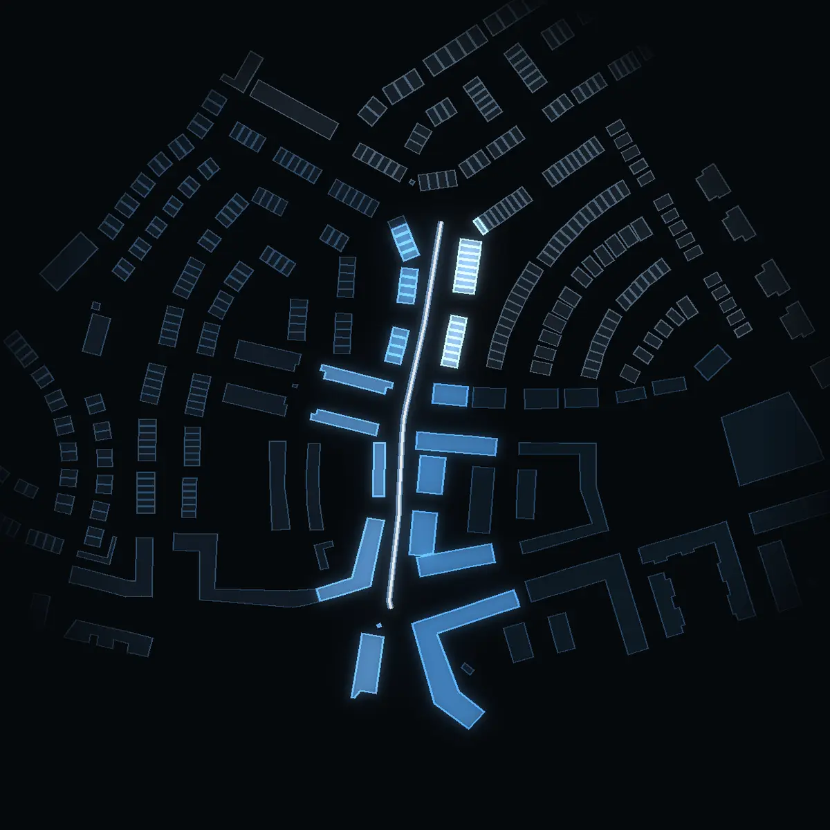 The street at night: Brotorpsvägen drawn in white, its buildings lit in the colour of their area’s income