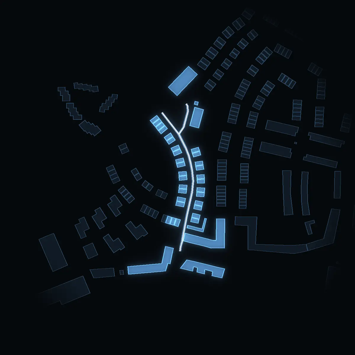 The street at night: Brukshundsvägen drawn in white, its buildings lit in the colour of their area’s income