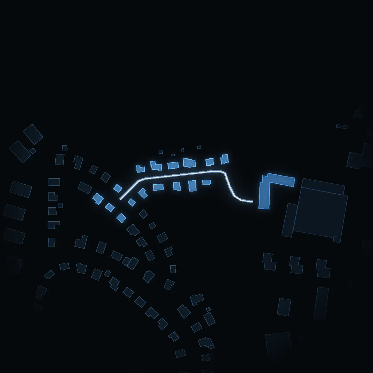 The street at night: Dalgången drawn in white, its buildings lit in the colour of their area’s income