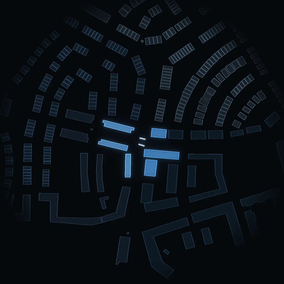 The street at night: Dammtorps Allé drawn in white, its buildings lit in the colour of their area’s income
