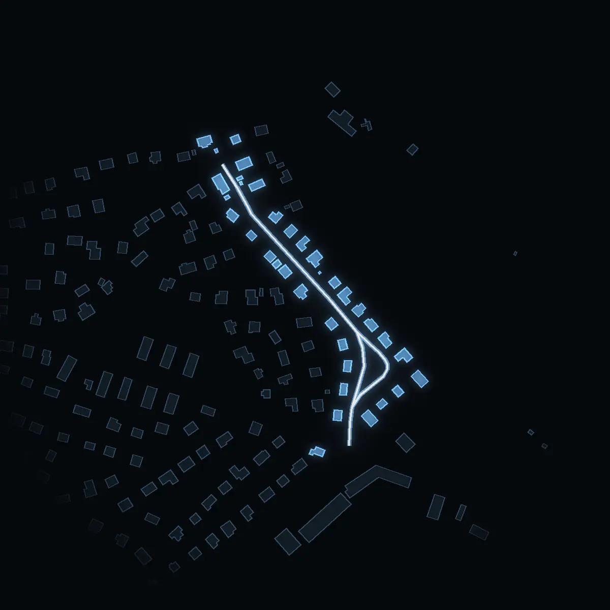 The street at night: Egnahemsvägen drawn in white, its buildings lit in the colour of their area’s income
